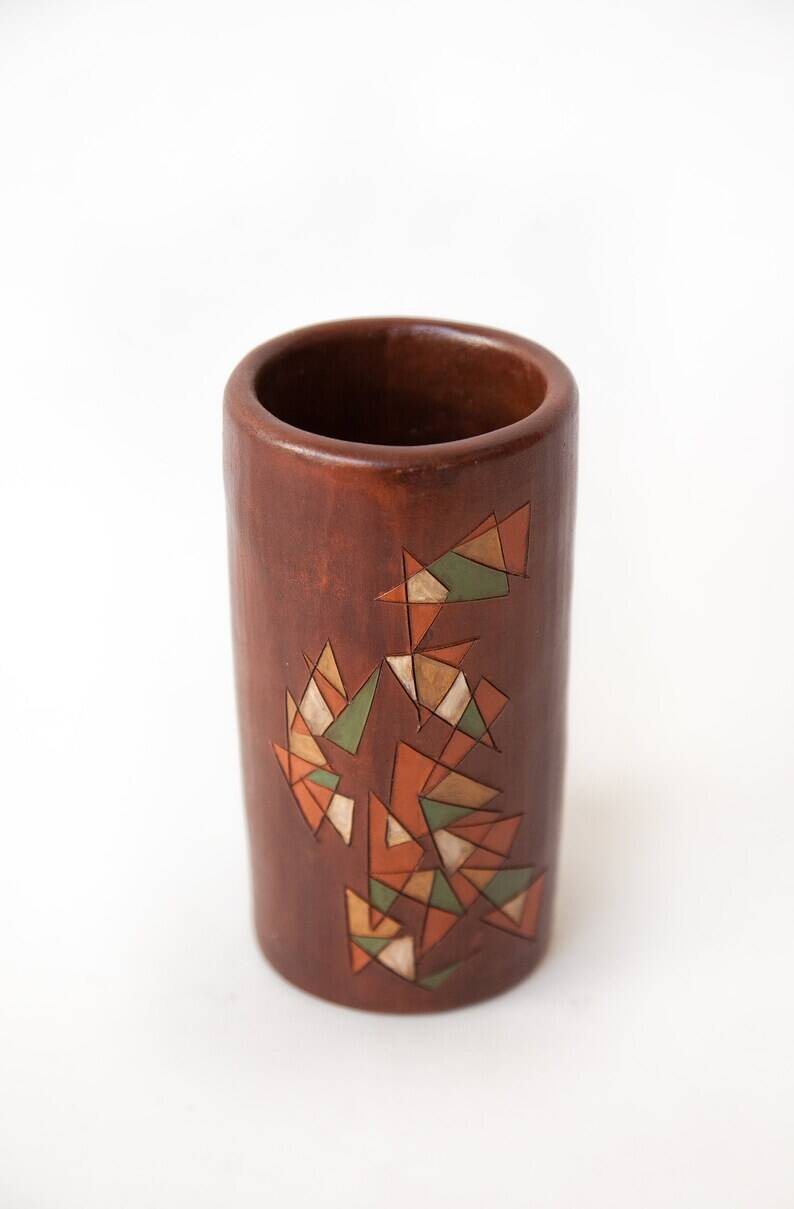 Cylindrical signed vase, pottery, modernist, hand painted, decorative vase, interior decor
