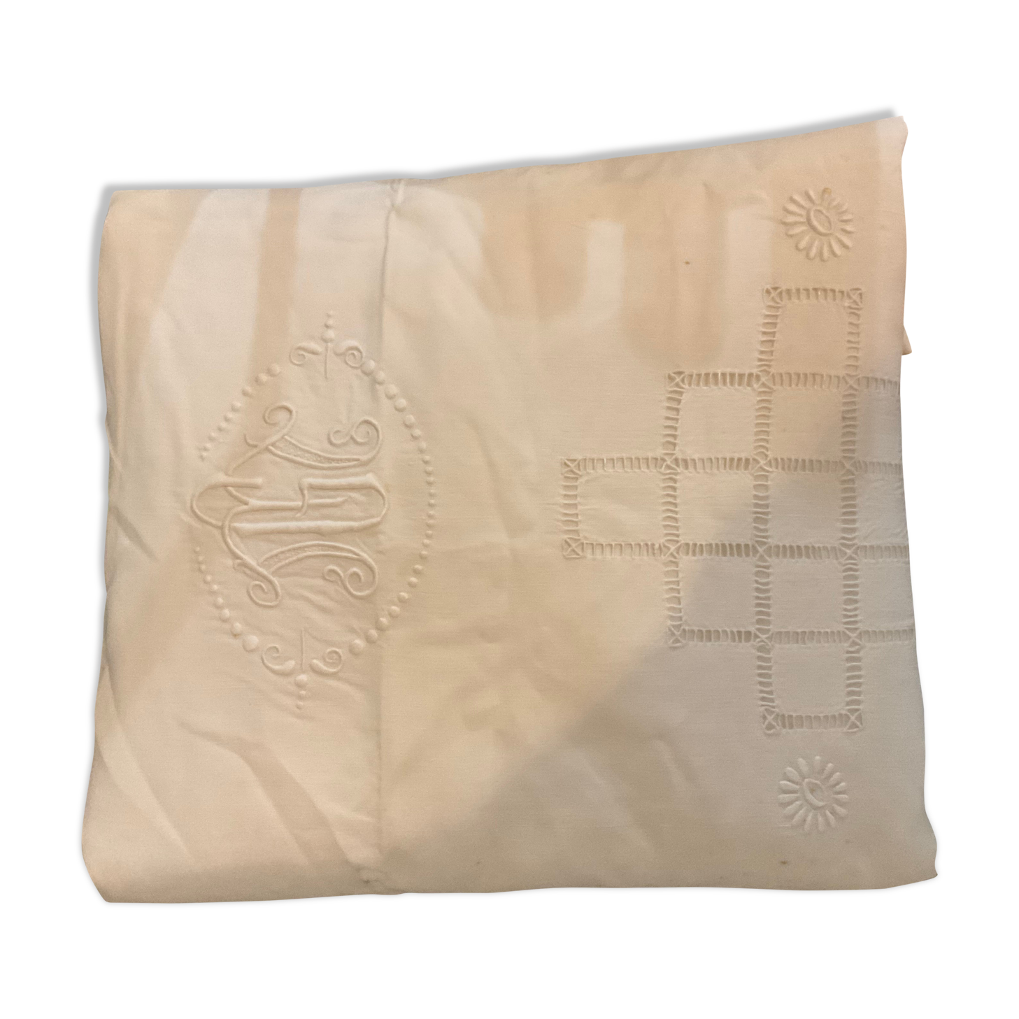 Old embroidered sheet, mg embroidered monogram, 225 x 325 cm