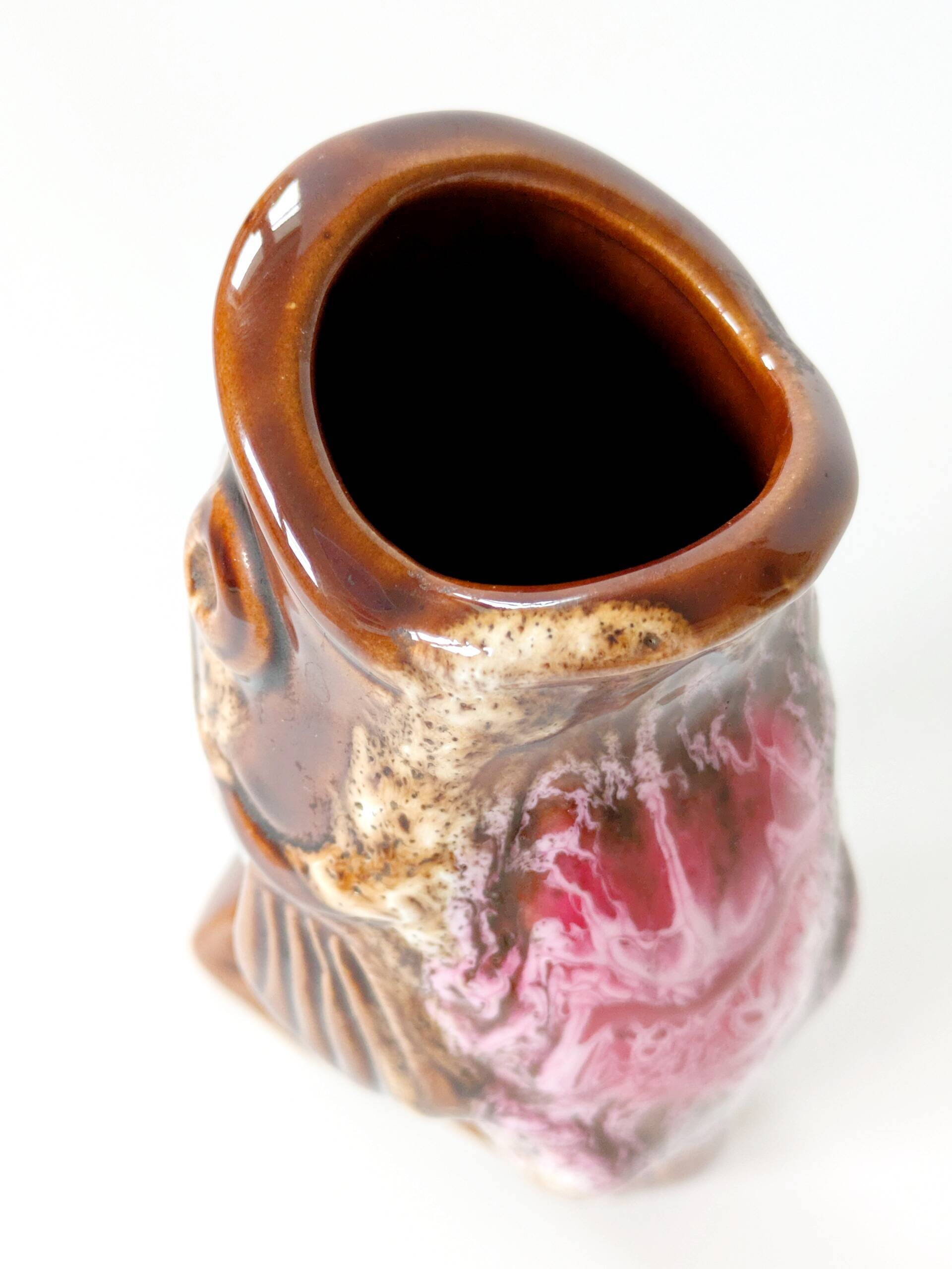 Vallauris fish pitcher vase from the 60s, amber and pink