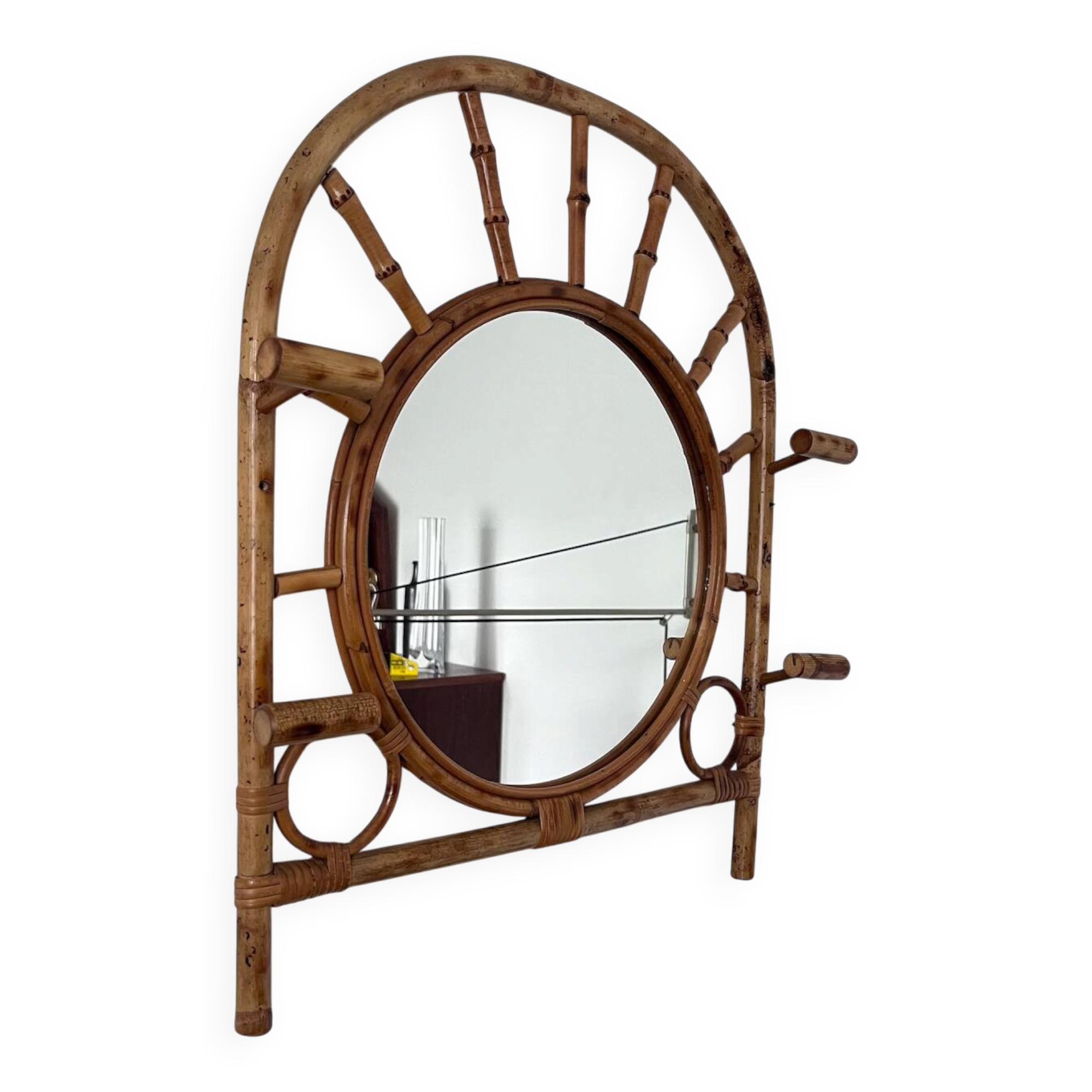Miroir porte-manteau en bambou années 60