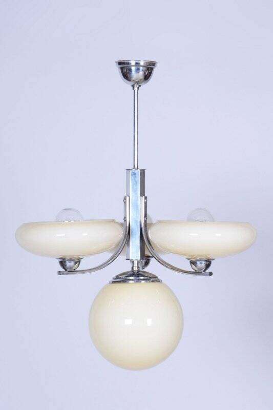 Art Deco Chandelier in Chrome-Plated Steel and Opal Glass, Czech, 1920s