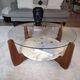 Table basse bois marbre et verre par Hugues Poignant