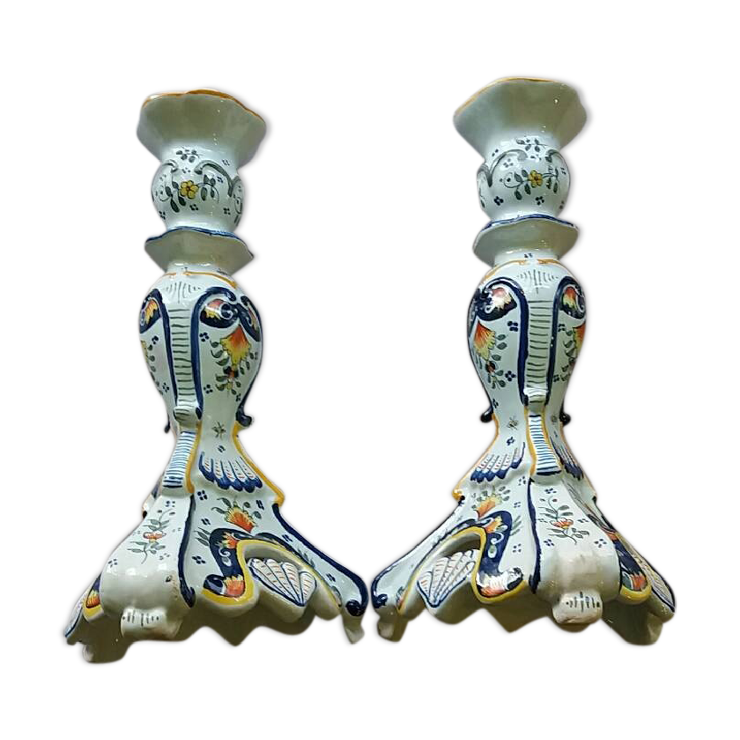 Old pair of candlesticks, earthenware, décor Rouen