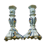 Old pair of candlesticks, earthenware, décor Rouen