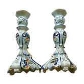 Old pair of candlesticks, earthenware, décor Rouen