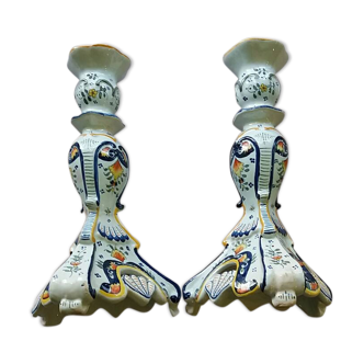 Old pair of candlesticks, earthenware, décor Rouen