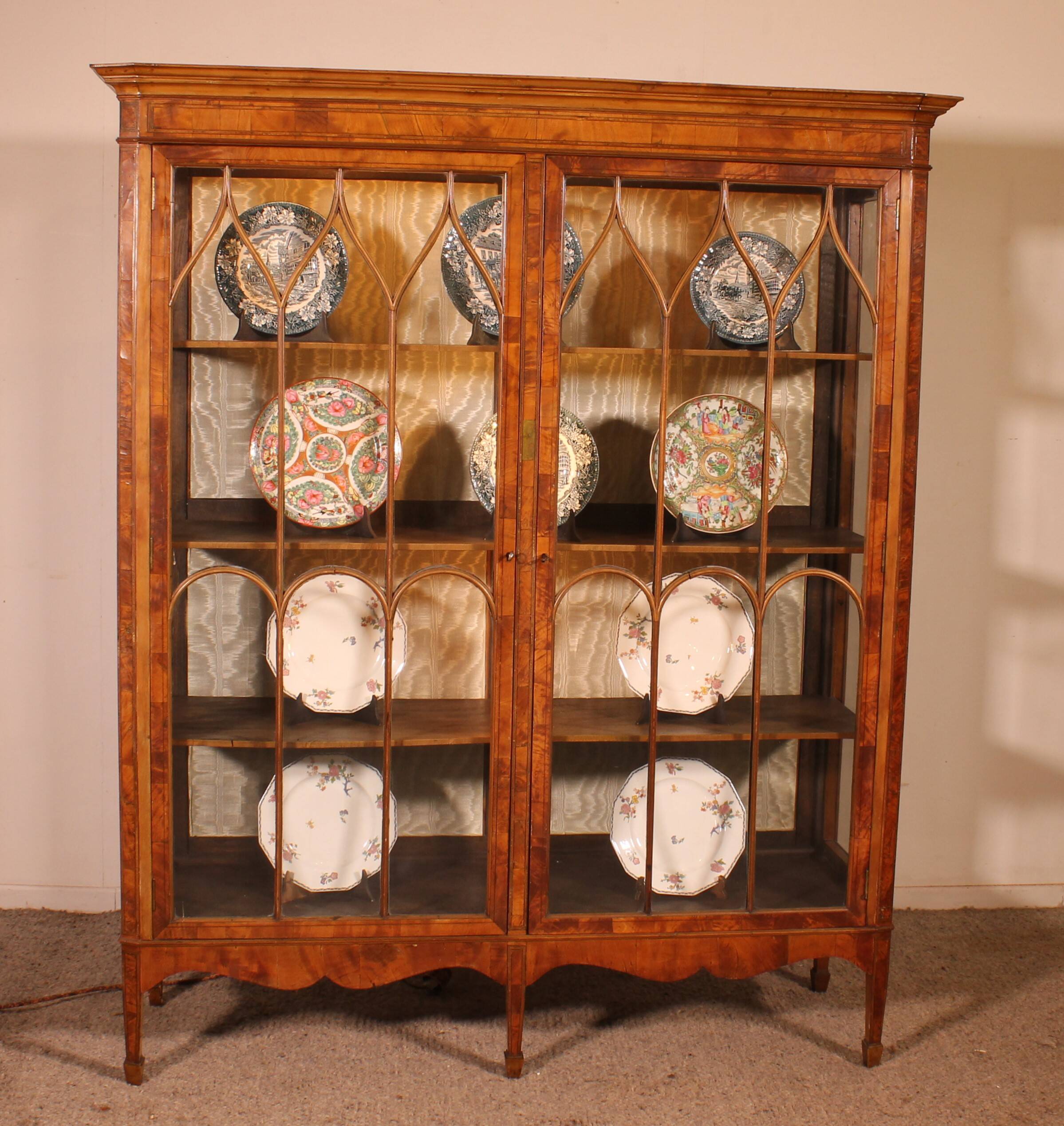 19th Century Mahogany and Burr Walnut Display Cabinet with Lighting