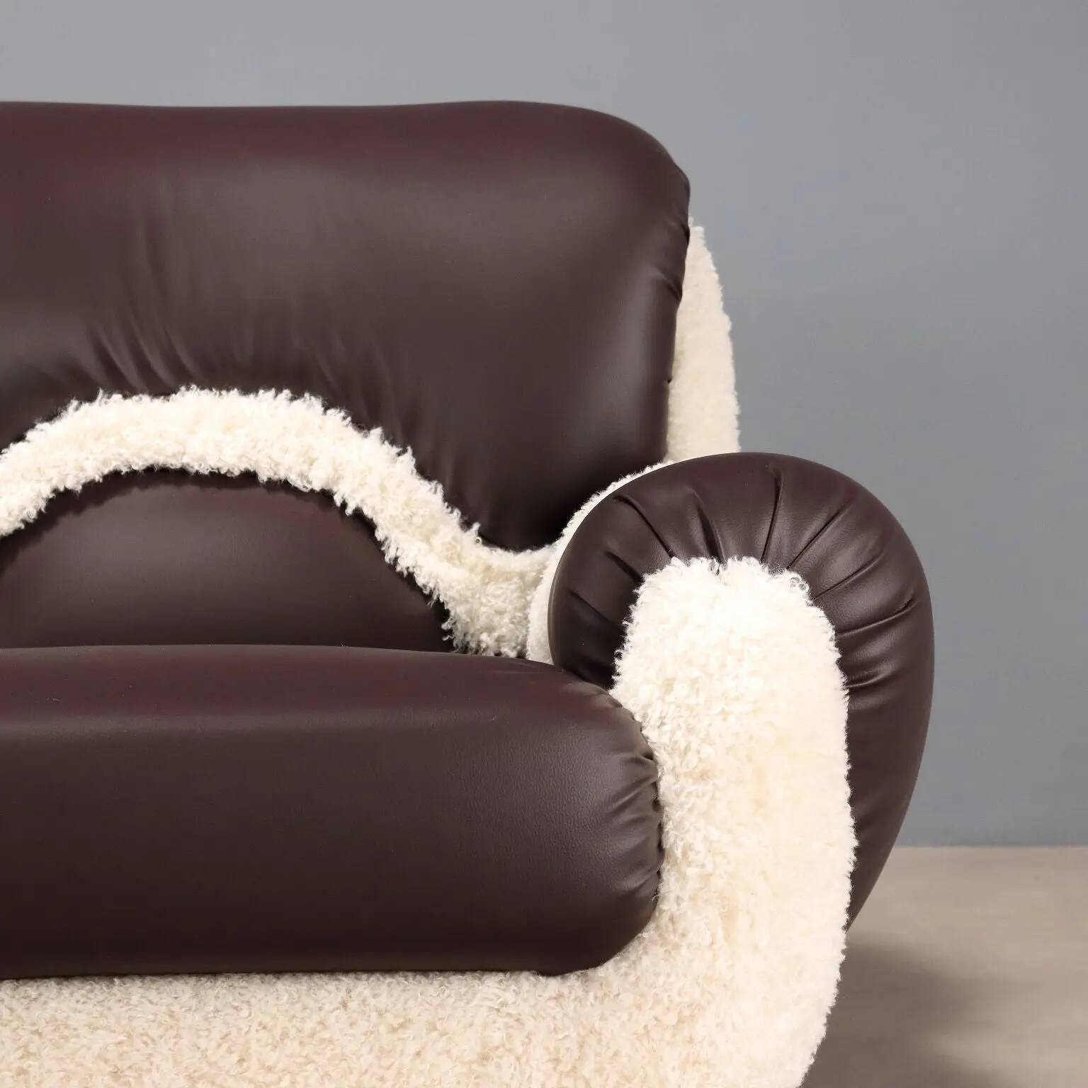 Pair of vintage armchairs in faux leather, foam, design, Italy, 1970s