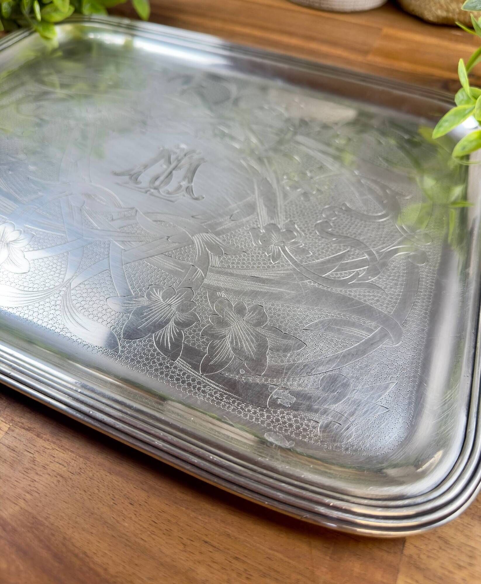 Silver-plated metal tray by Christofle – Floral decoration and monogram