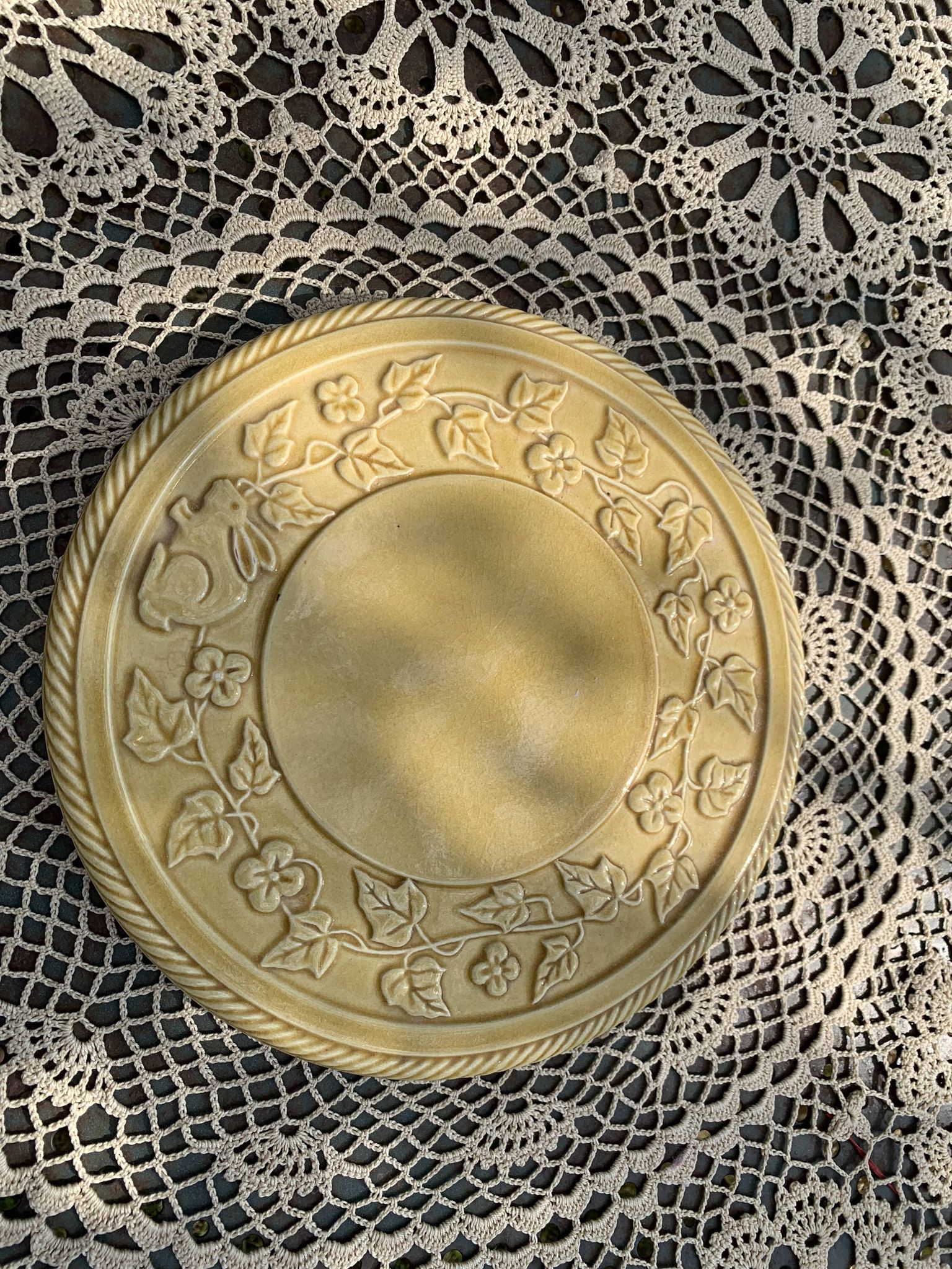 Underside, glazed ceramic, slurry, ivy frieze and rabbit pattern, Vintage