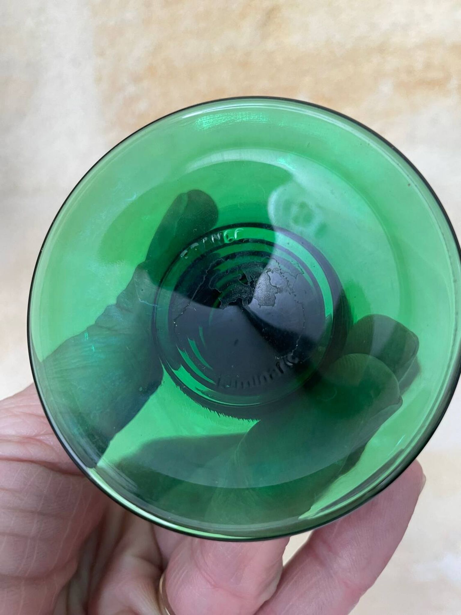 5 two-coloured green stemmed glasses with conical stems Roemer