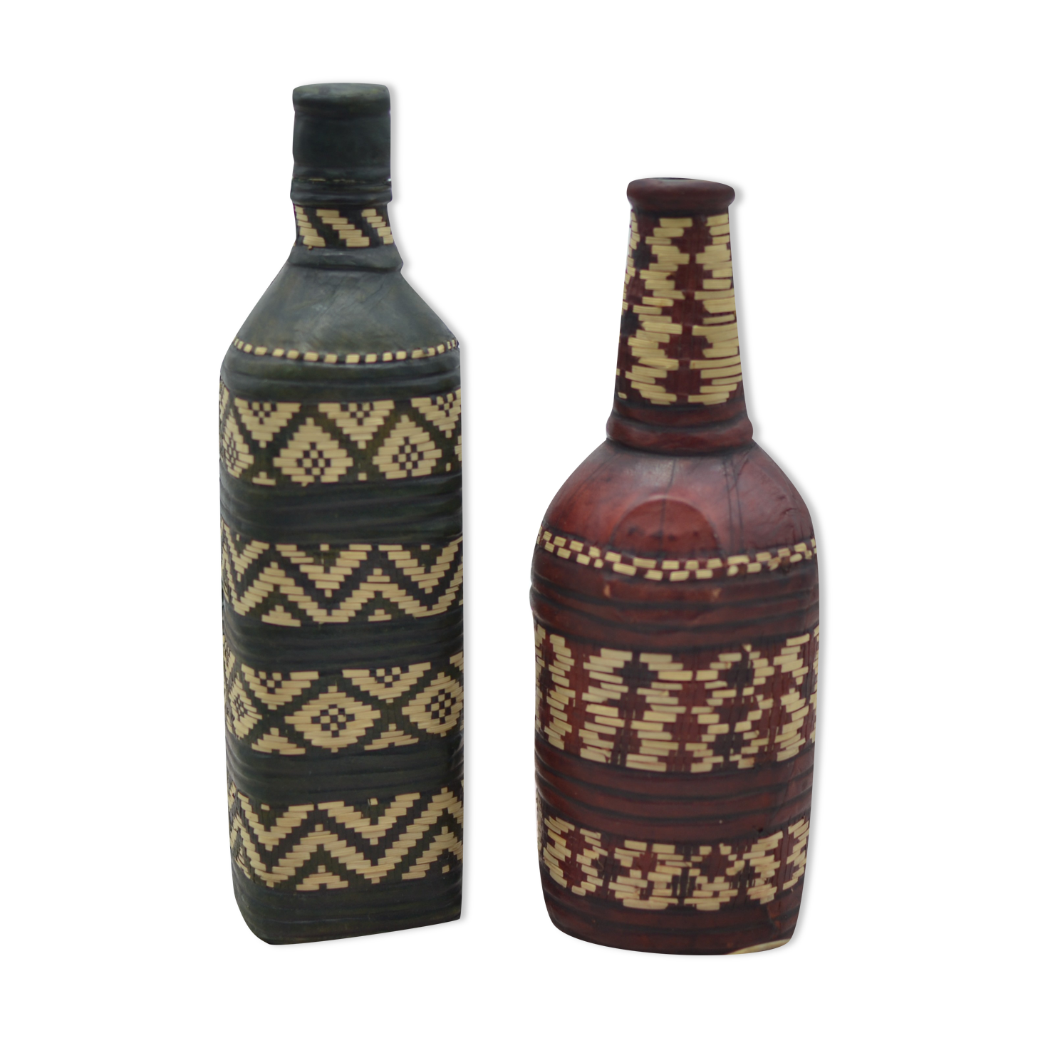 Set of 2 decorative vintage bottles covered with leather & wicker