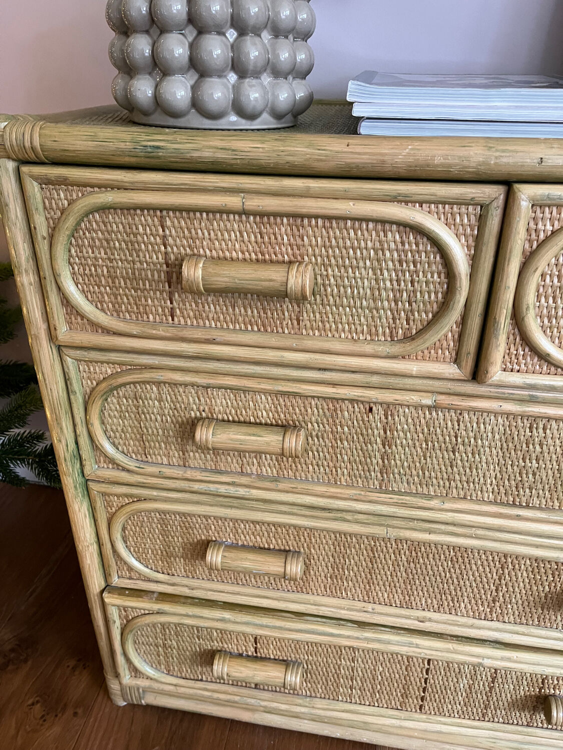 Charming rattan and bamboo chest of drawers.
