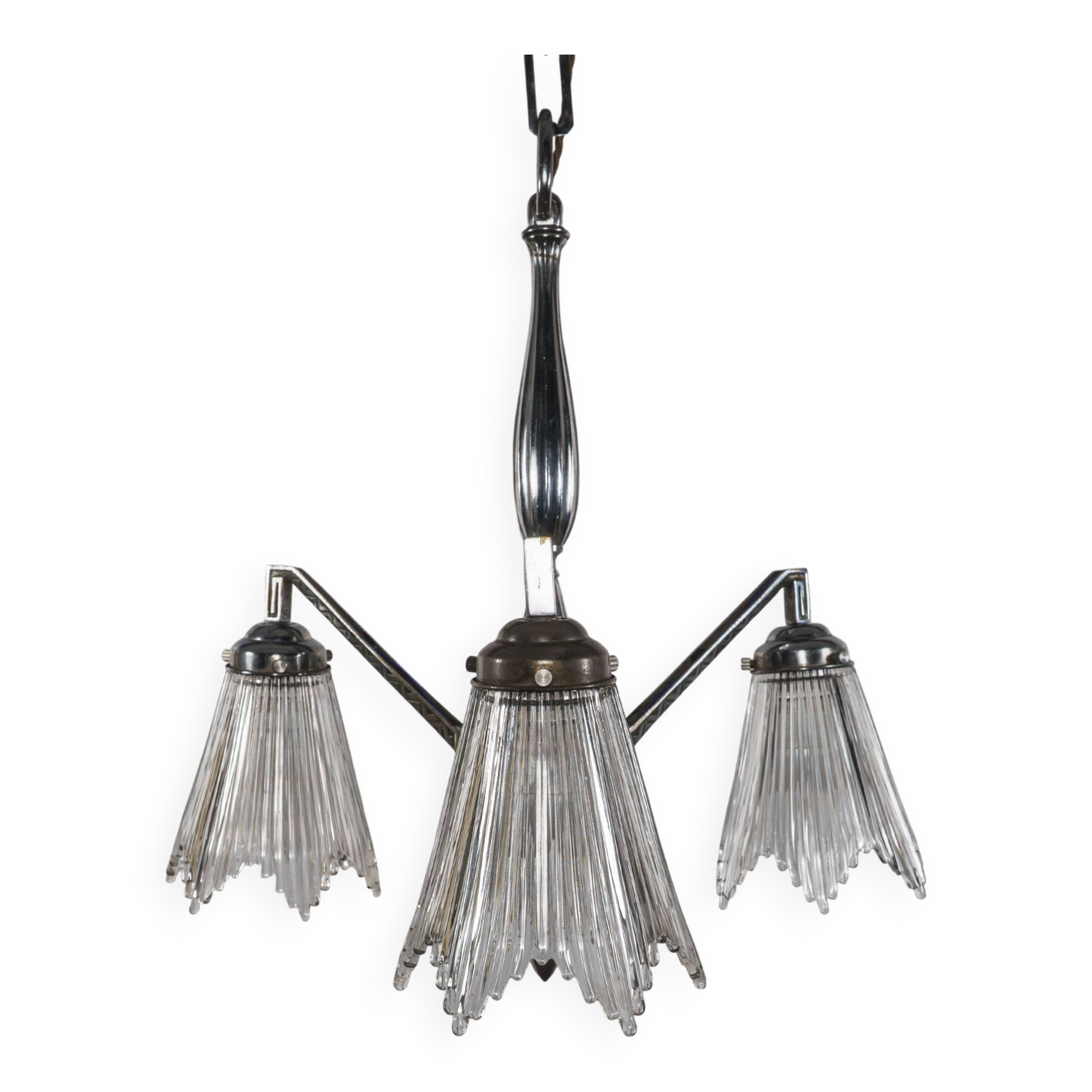 1930s French Art Deco Chrome Chandelier with Prismatic Glass Shades