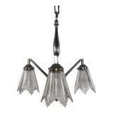 1930s French Art Deco Chrome Chandelier with Prismatic Glass Shades