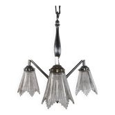 Lustre Art Déco français chromé des années 1930 avec abat-jour en verre prismatique