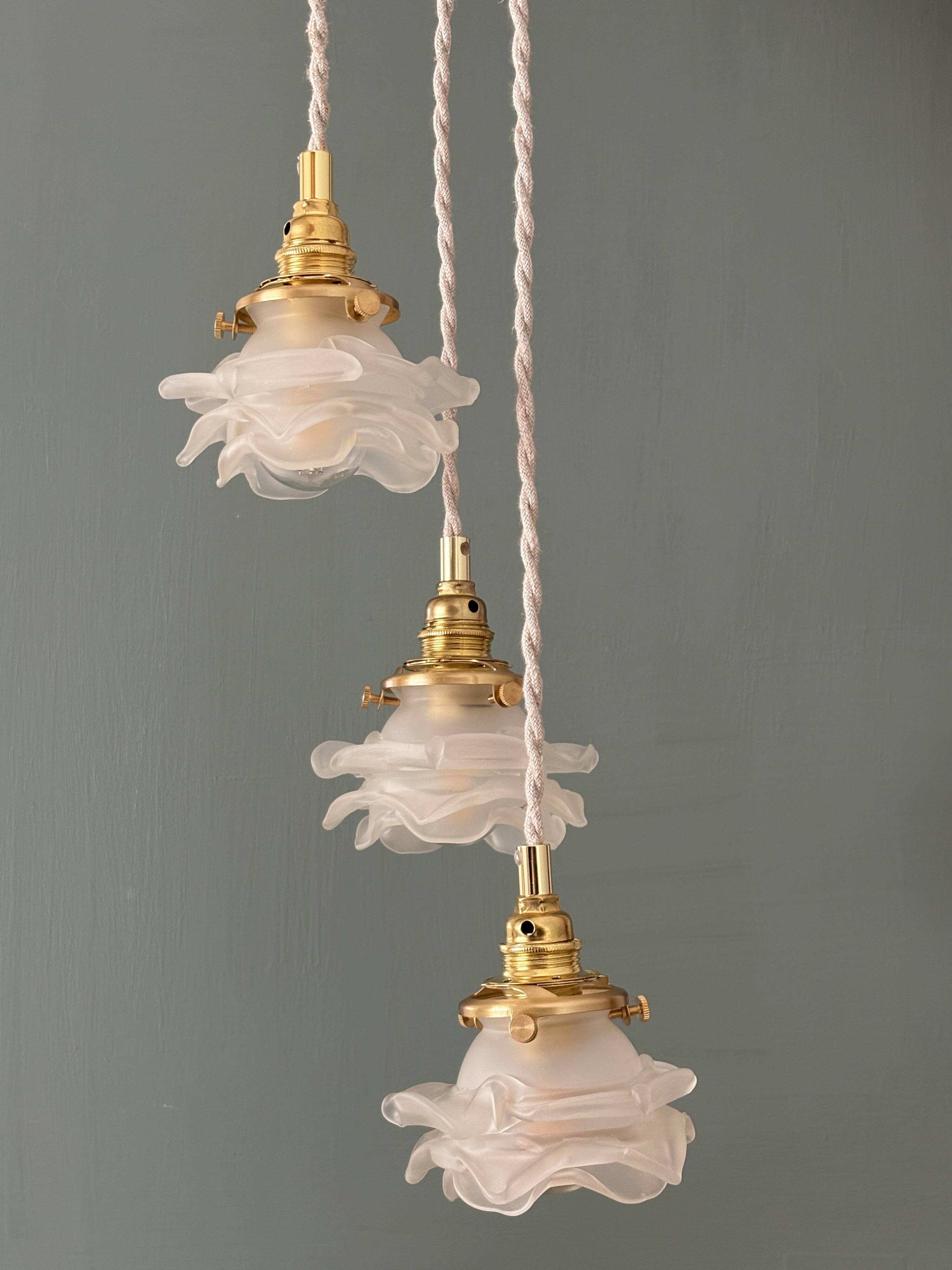 Vintage triple tulip pendant light in frosted glass in the shape of flowers