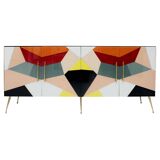 Mid-Century Italian Sideboard, Colorful Glass and Brass, Geometric Design.