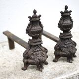 Vintage fireplace andirons, pair of cast iron Bacchus head andirons, fireplace accessories
