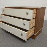 3-drawer chest of drawers in mahogany veneer and satin white, 70s-80s