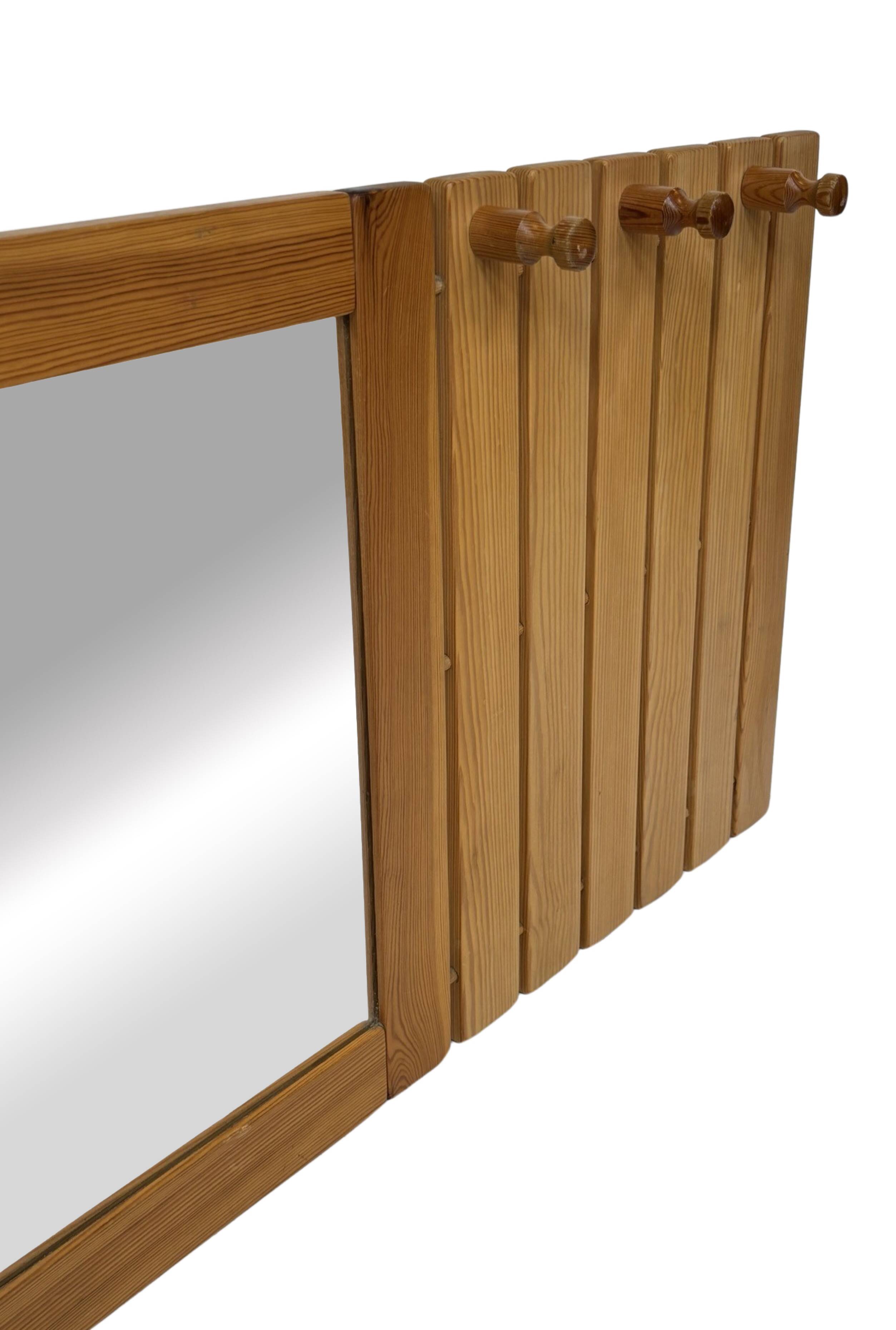 Vintage Pine Pinewood coat rack with mirror - 1970s design