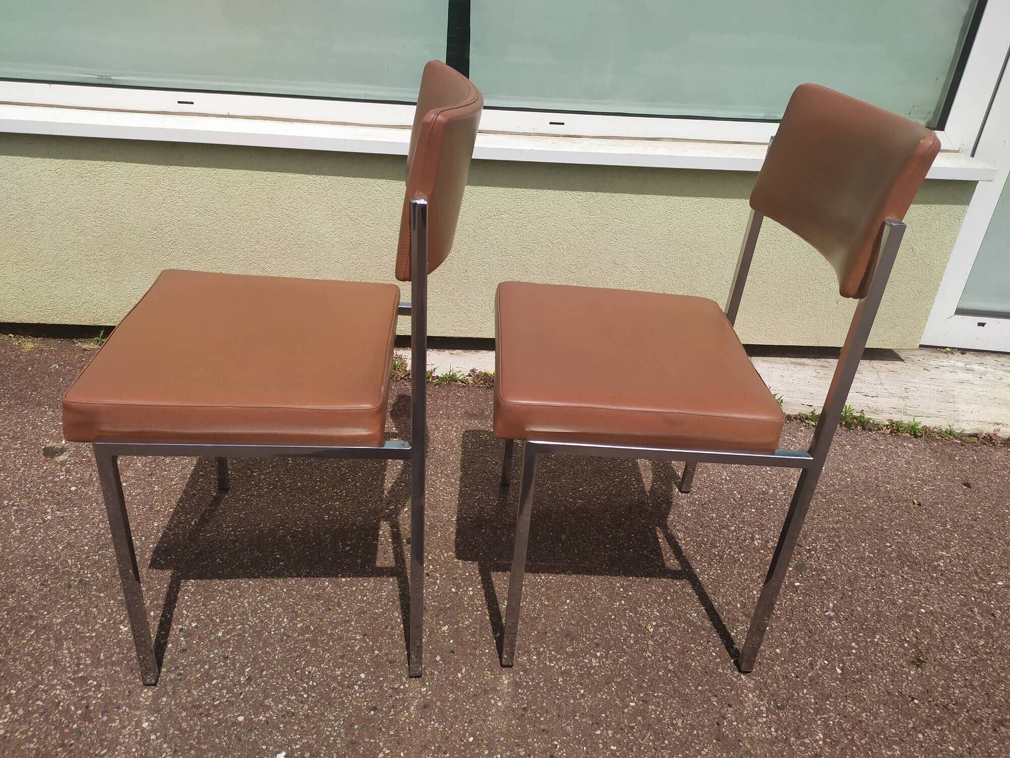 Pair of office chair oem strafor vintage 1960 - chrome skaï brown