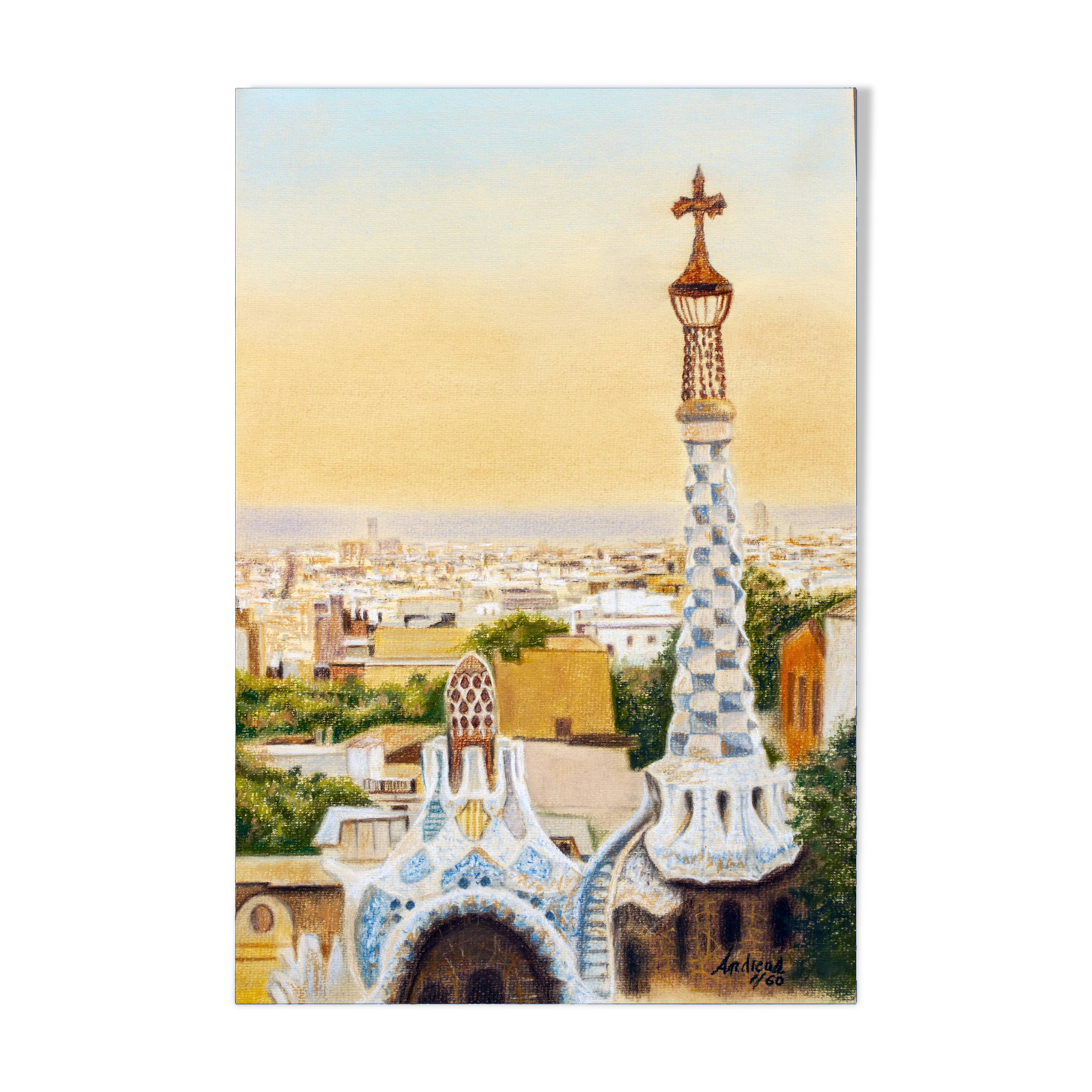 Drawing of Barcelona seen from Park Guell. Barcelona drawing. Barcelona cityscape.