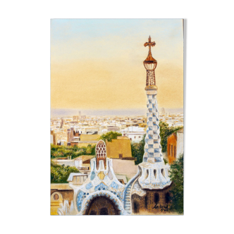 Drawing of Barcelona seen from Park Guell. Barcelona drawing. Barcelona cityscape.