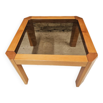 Table basse en bois et verre fumé 1970 vintage