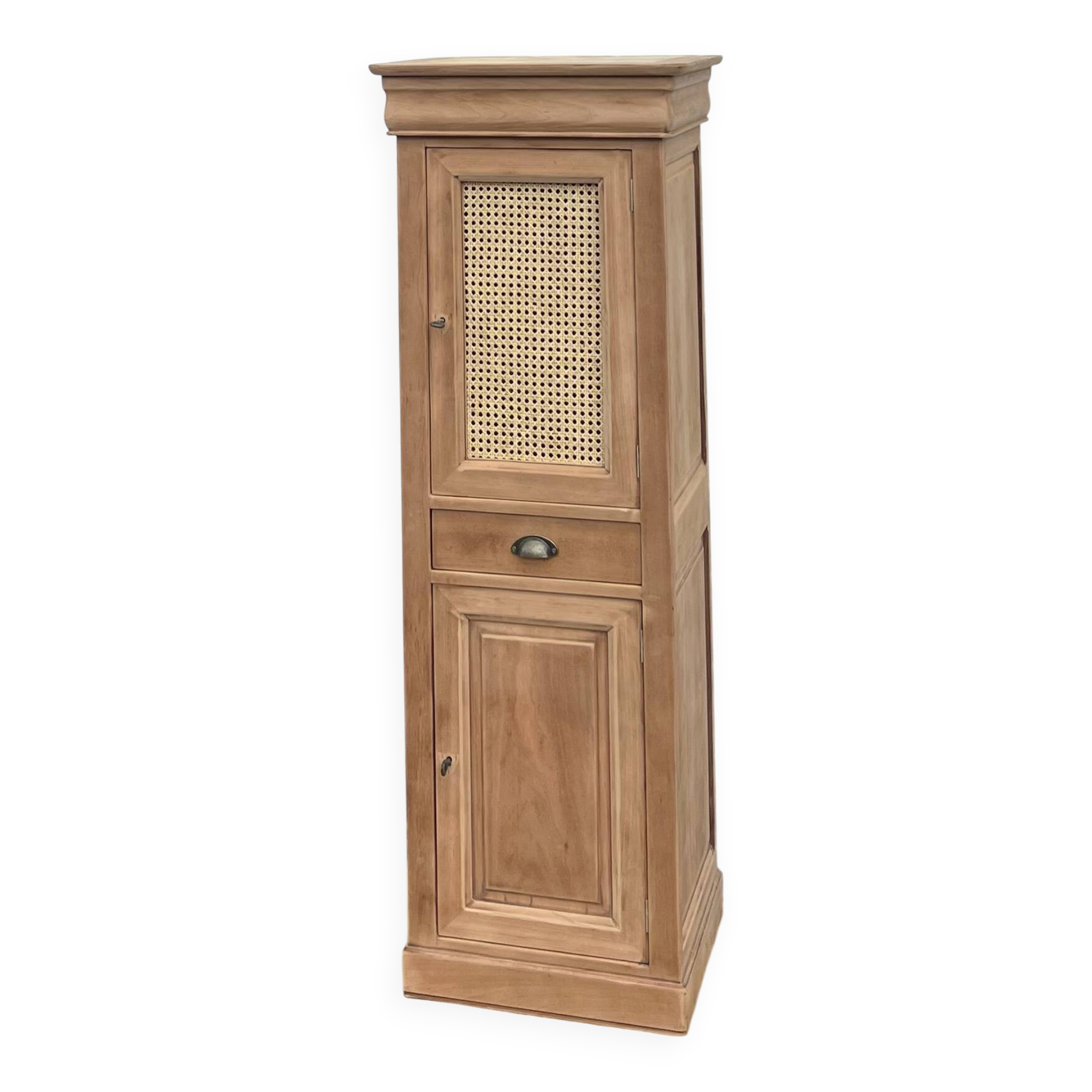 Small renovated cupboard: bonnetière / tall boy in raw solid wood.