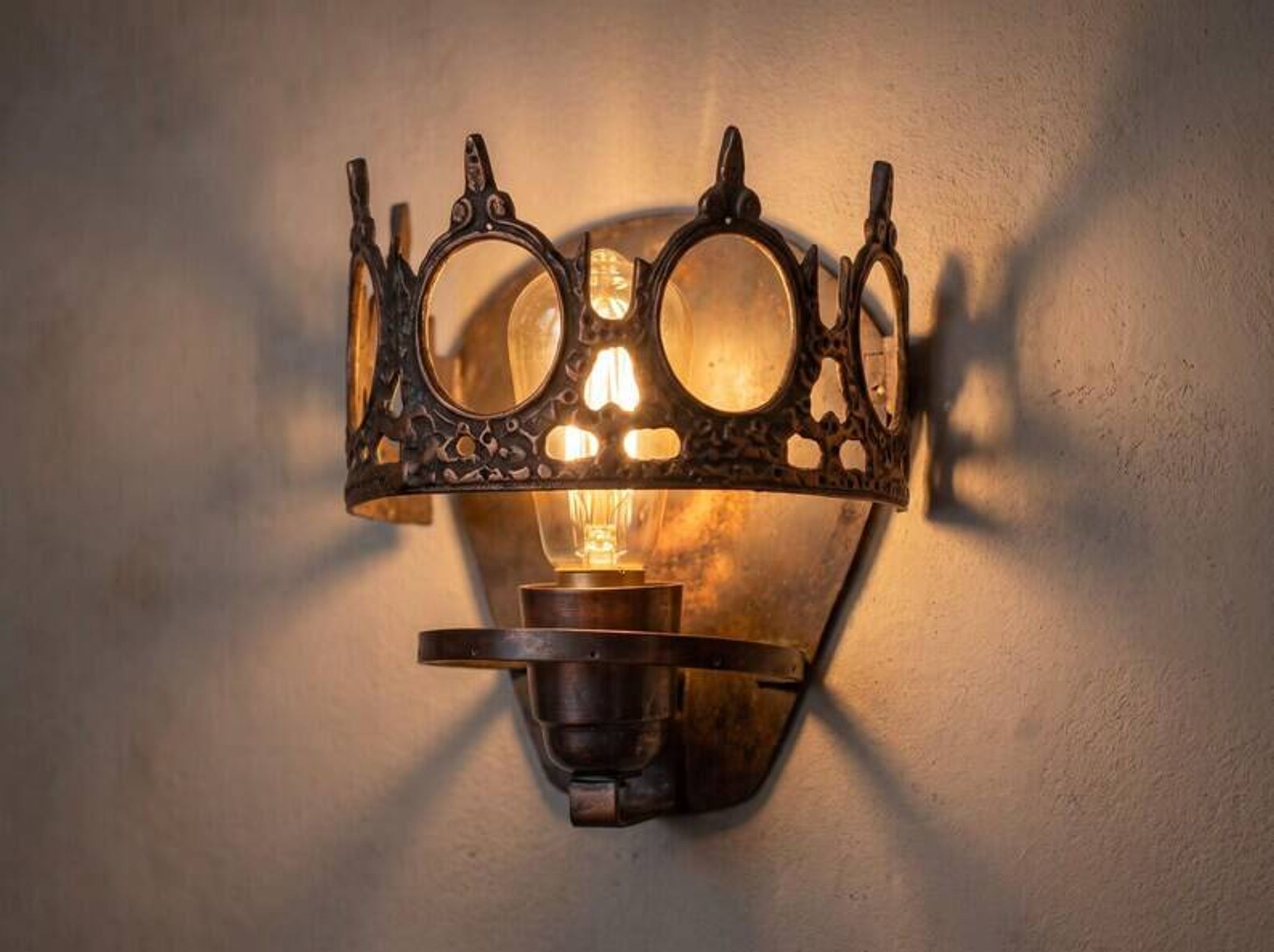 1970s Gothic Revival Crown Wall Sconce, Ornate Vintage Metal Lighting