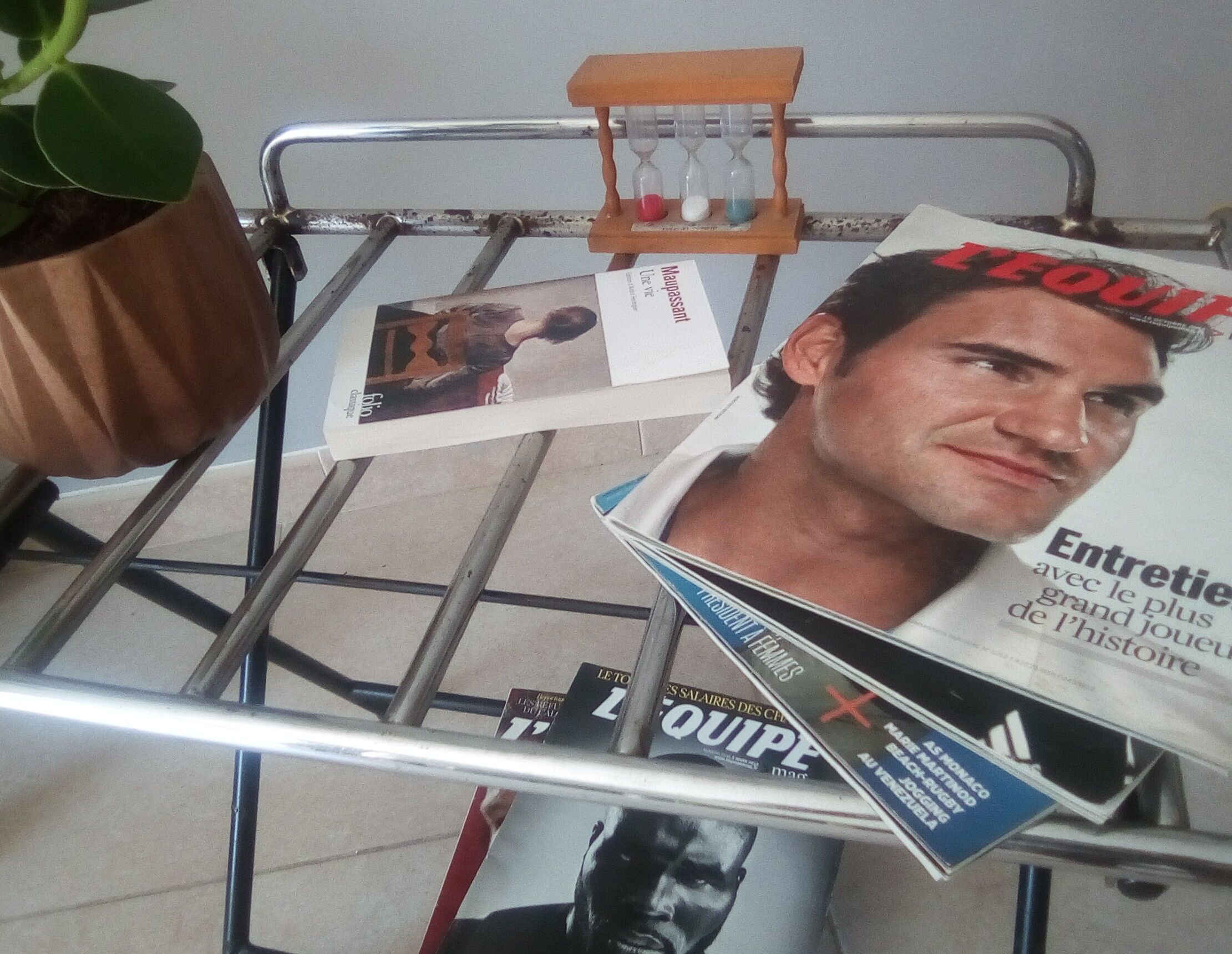 Side table, vintage suitcase carrier