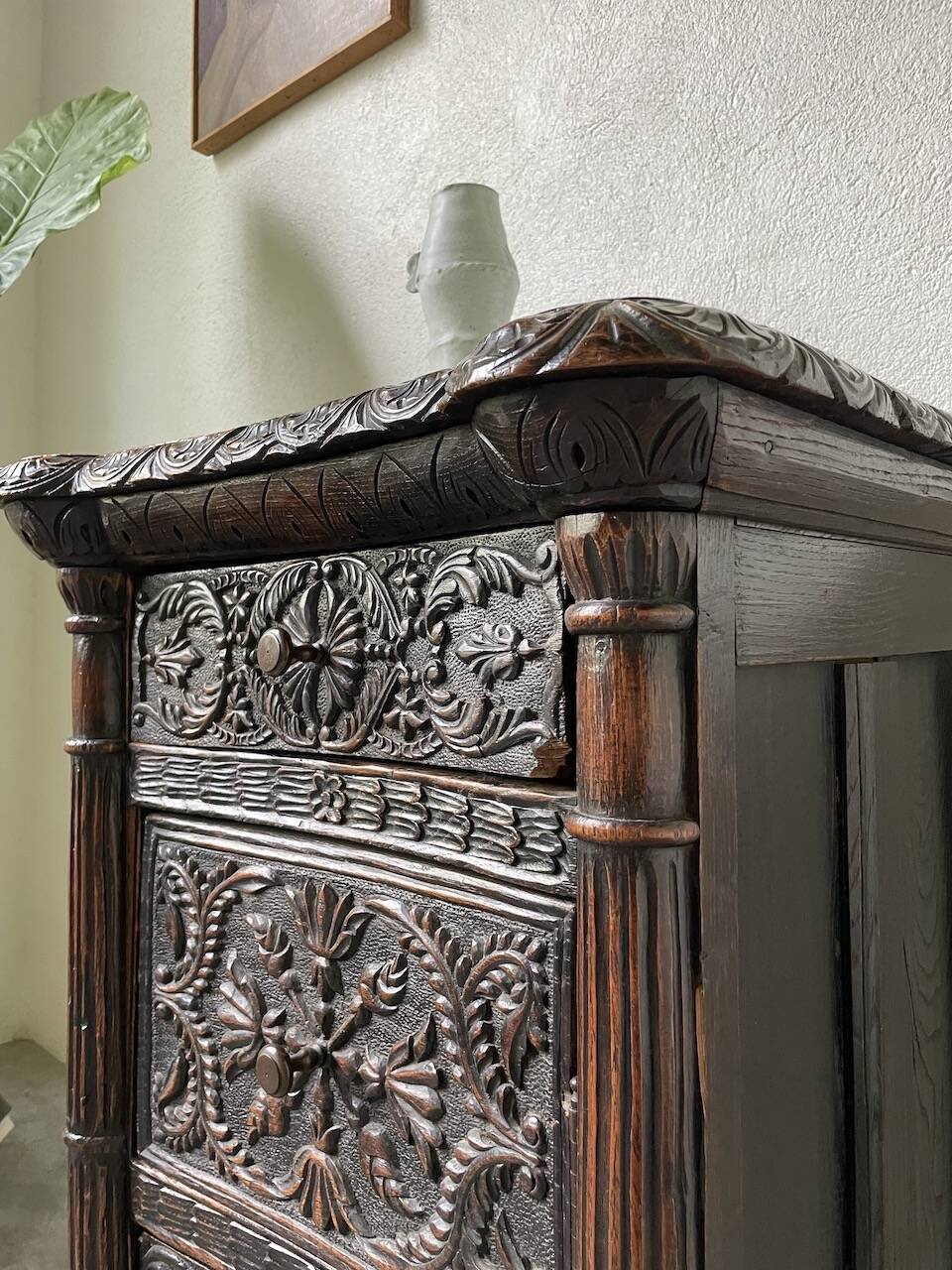 19th century chest of drawers in carved blackened pine