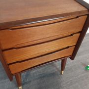 Norwegian bedside table with 3 drawers, teak and brass clogs