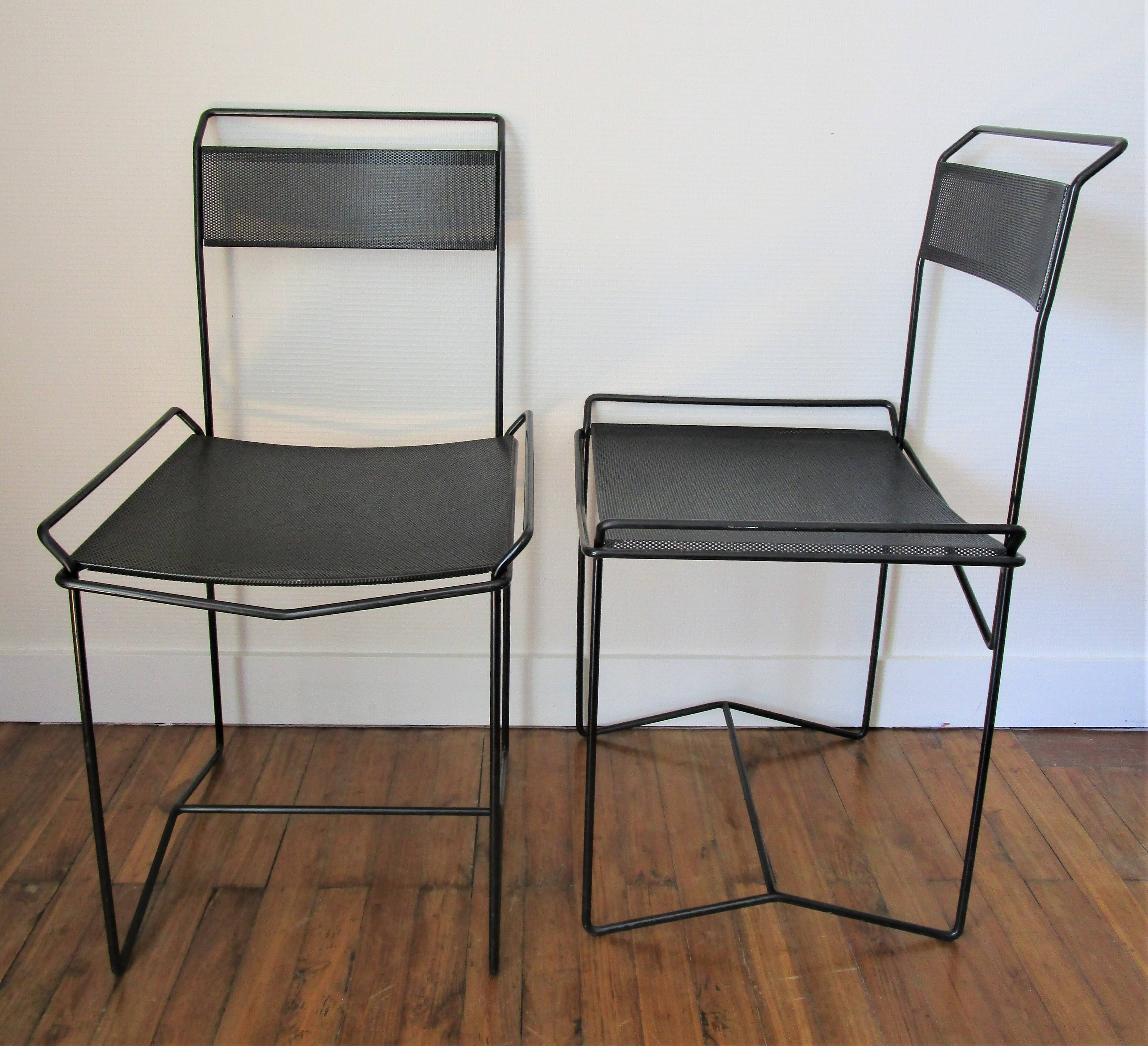 Pair of perforated metal steel chairs from the 80s