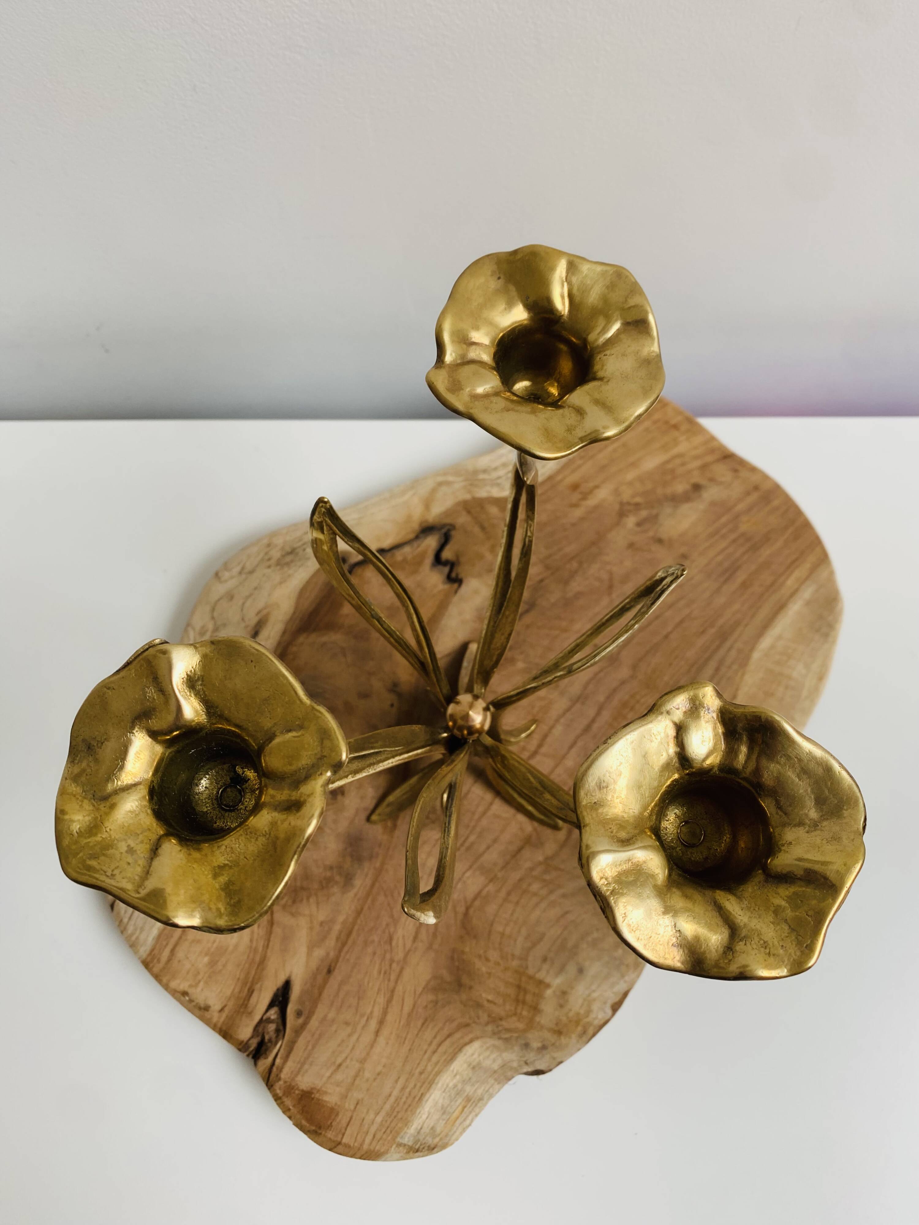 3-armed candlestick, brass flower bouquet