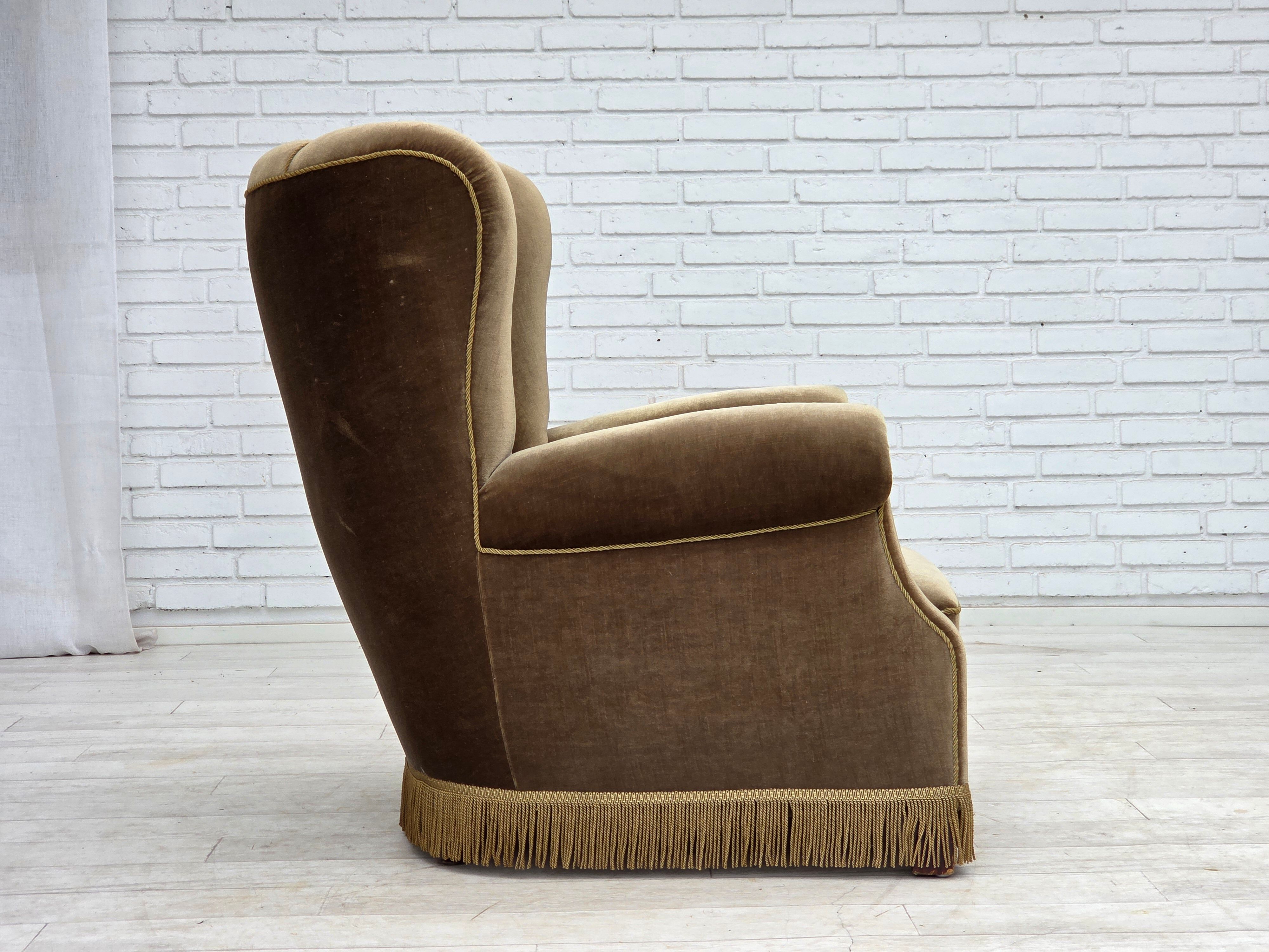 1960s, Danish relax armchair, dark green furniture velour, ash wood.