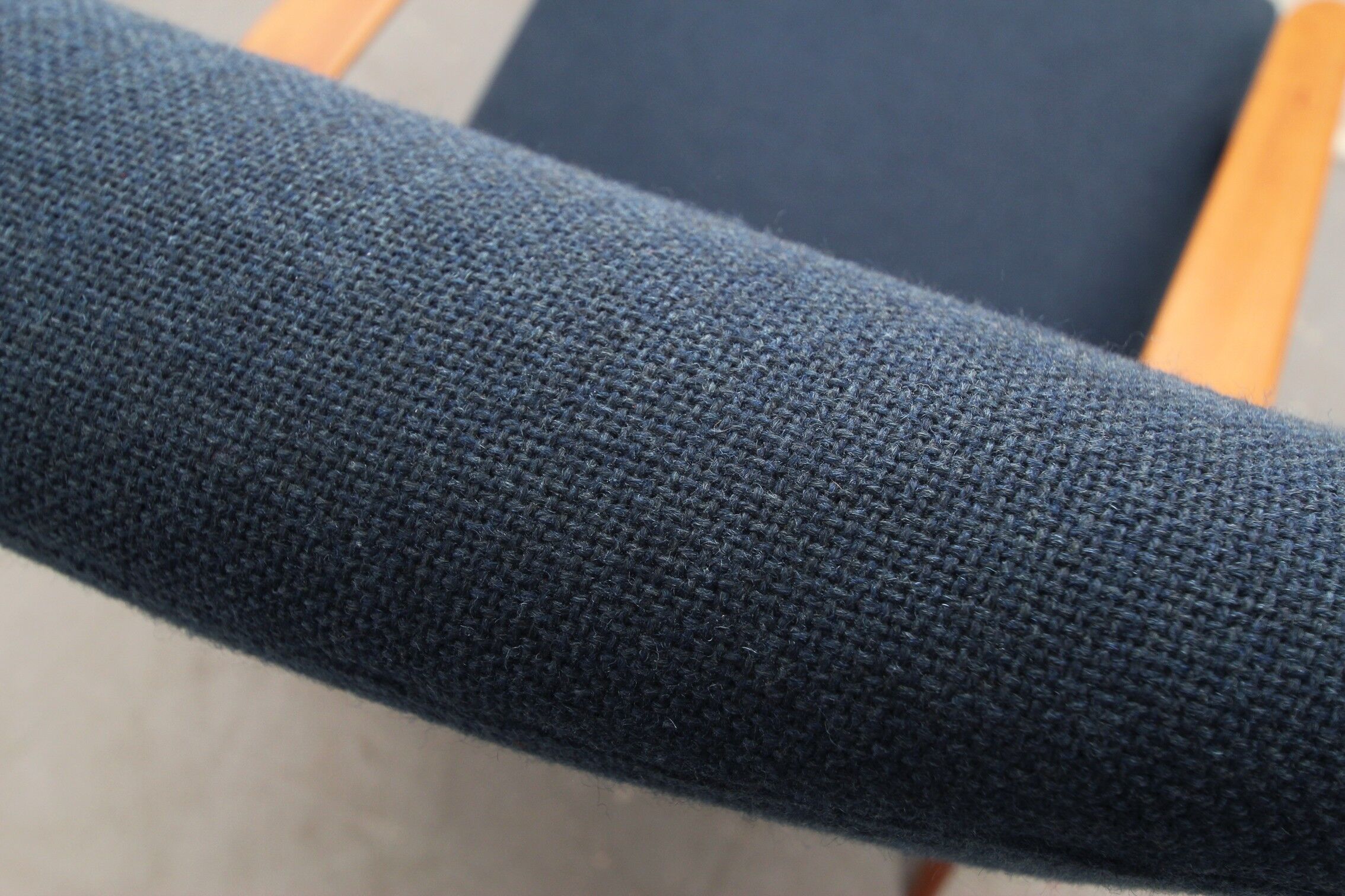 Danish armchair in cherry wood and dark blue fabric