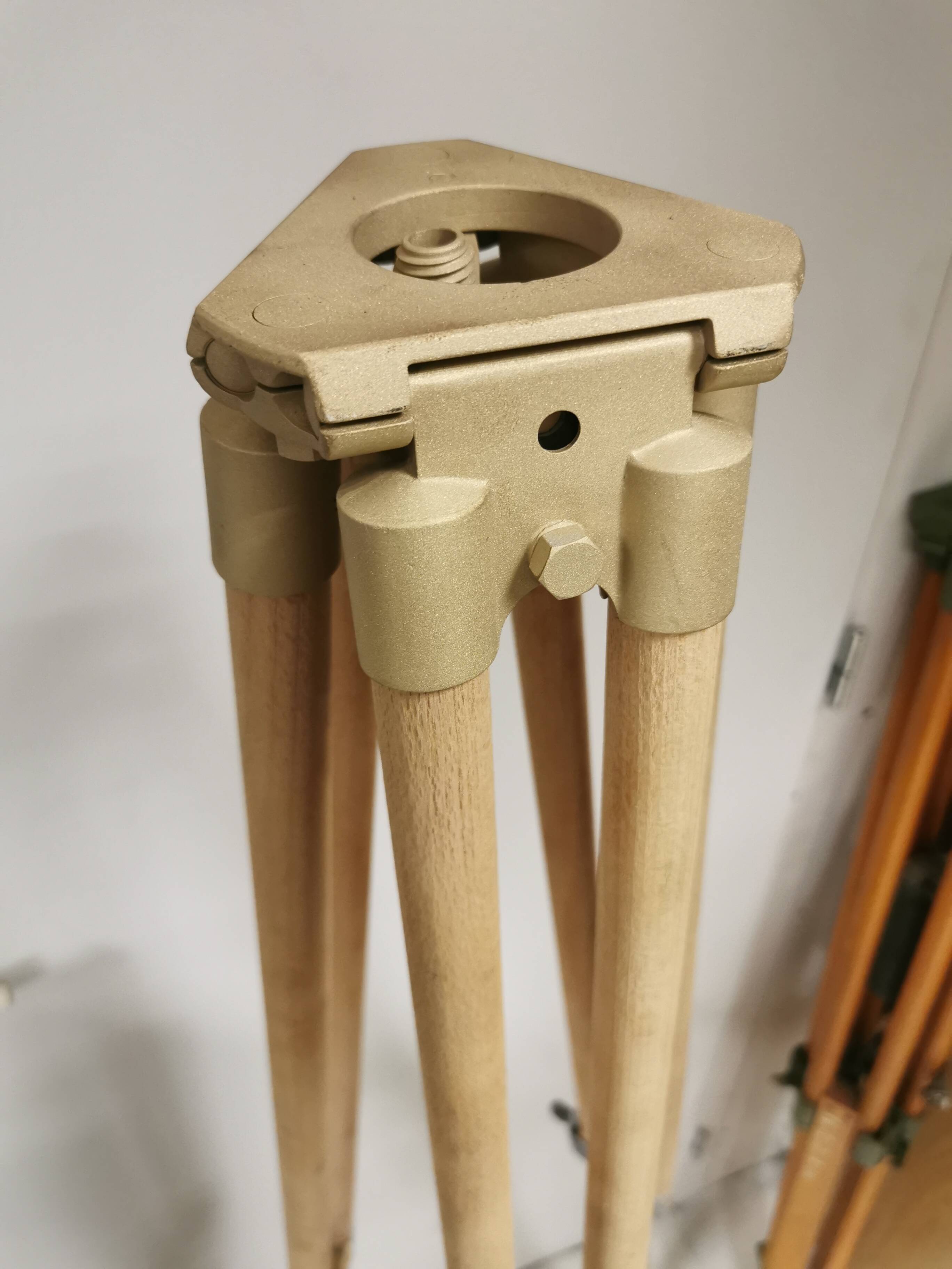 Raw / stripped wooden tripod, vintage industrial lamp base