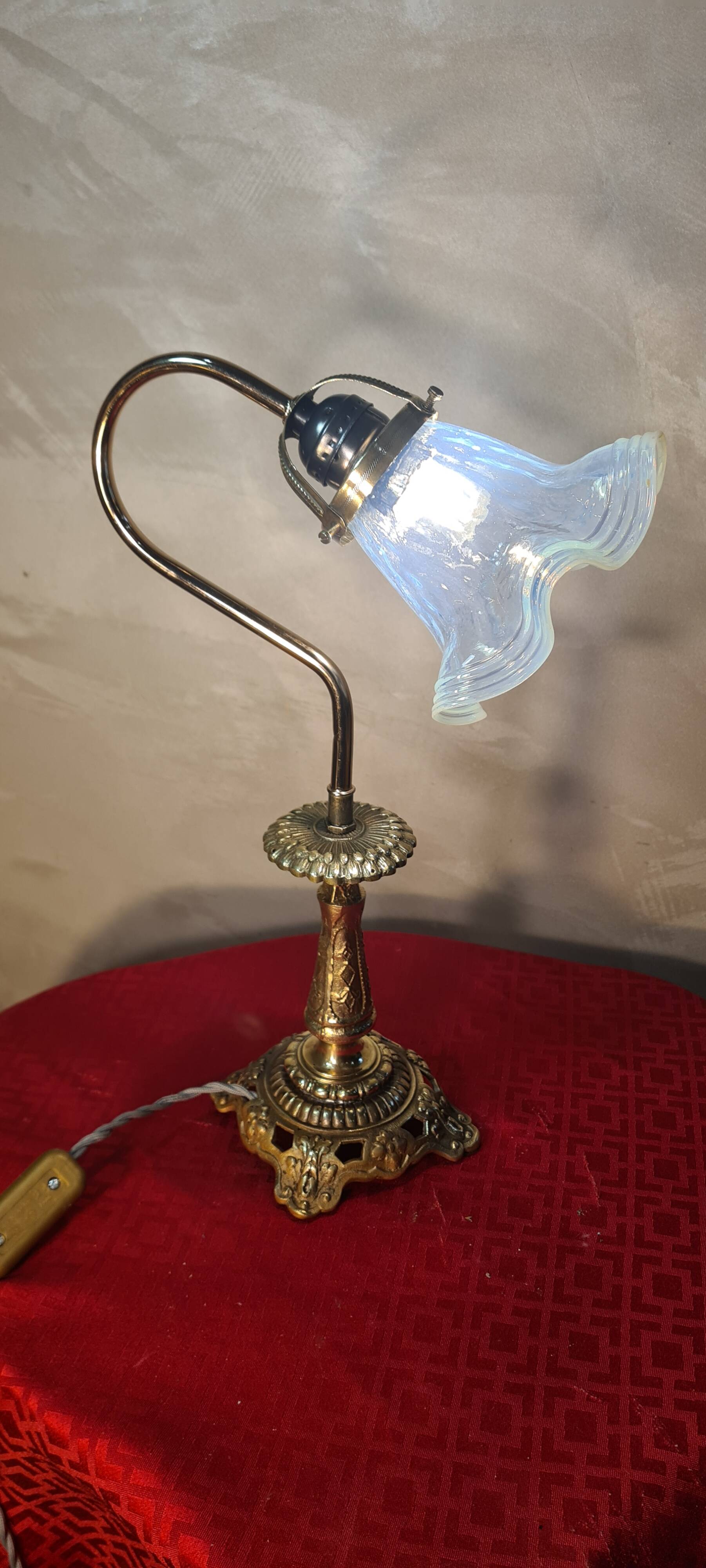 bronze art nouveau tulip lamp with translucent blue lace glass 39x25 cm