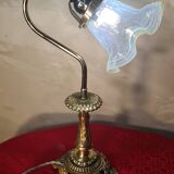 bronze art nouveau tulip lamp with translucent blue lace glass 39x25 cm