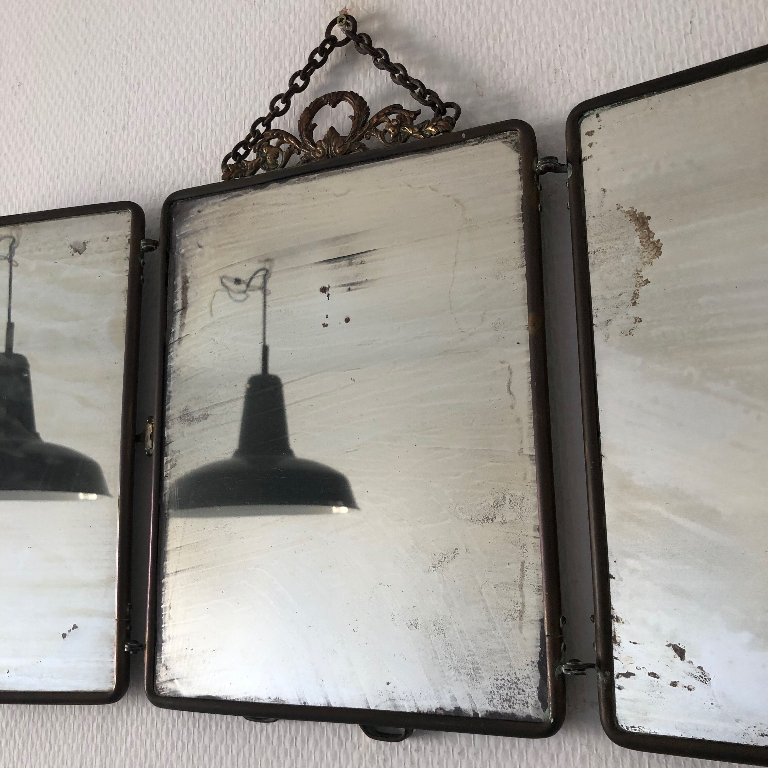Mirror triptych Barber brass nickeled vintage 1920, 28x67cm
