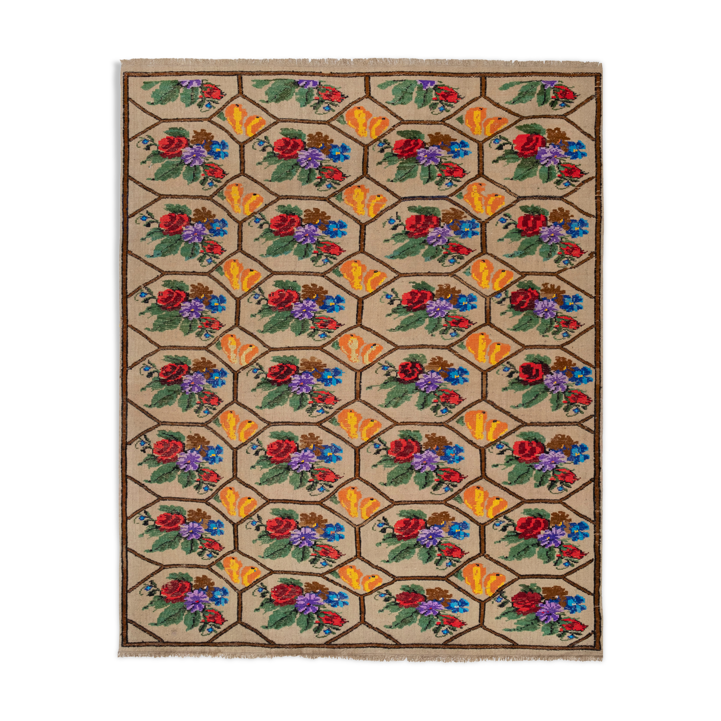 Handwoven Floral Pattern Needlepoint Kids Kilim Rug, Wall Hanging Turkish