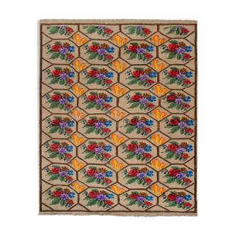 Handwoven Floral Pattern Needlepoint Kids Kilim Rug, Wall Hanging Turkish