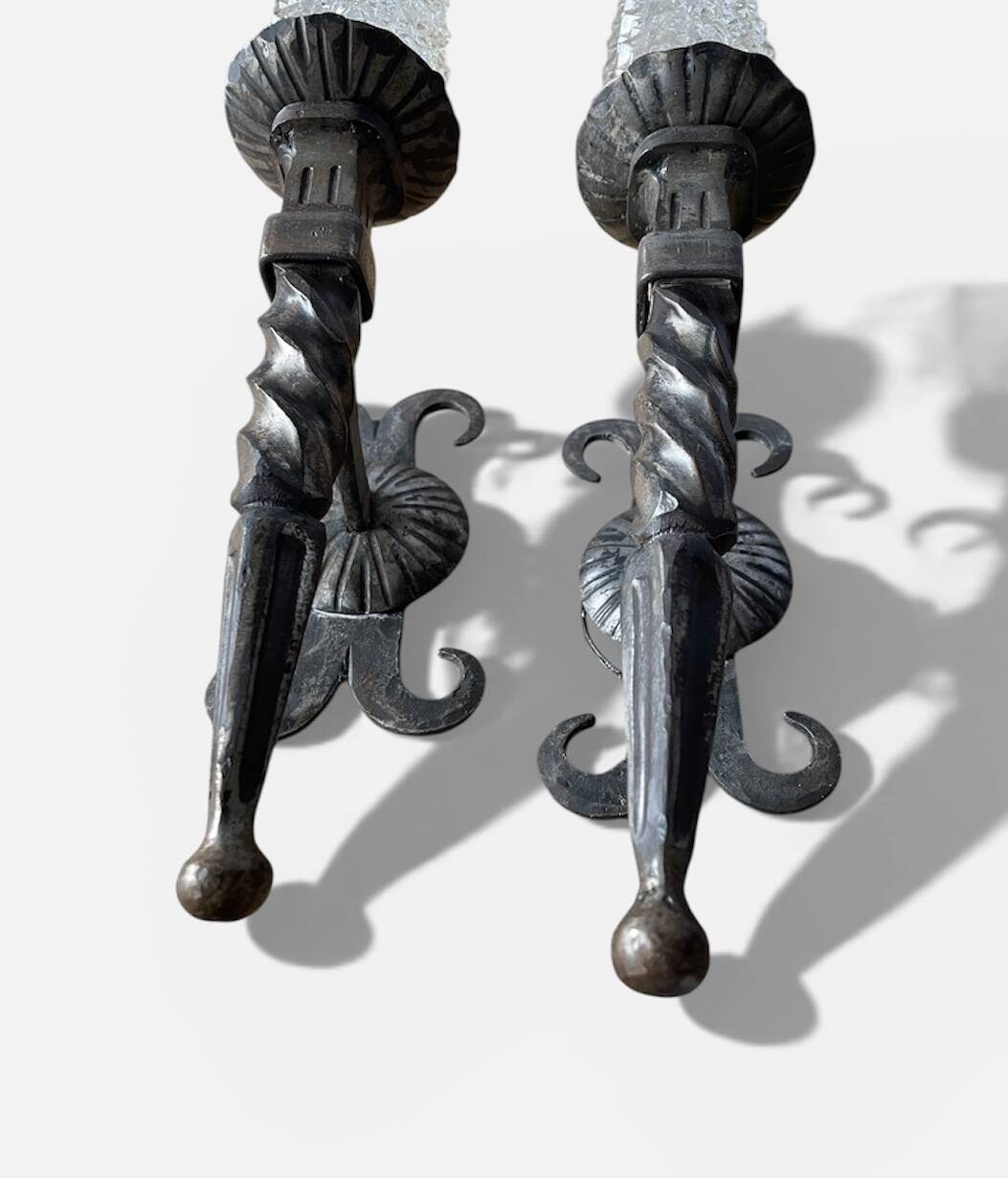 Pair of brutalist wall sconces in wrought iron