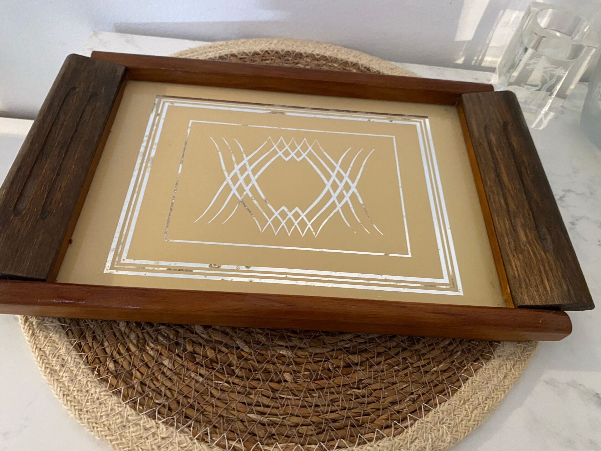 Plateau de service vintage art déco / années 70 – bois & fond miroi