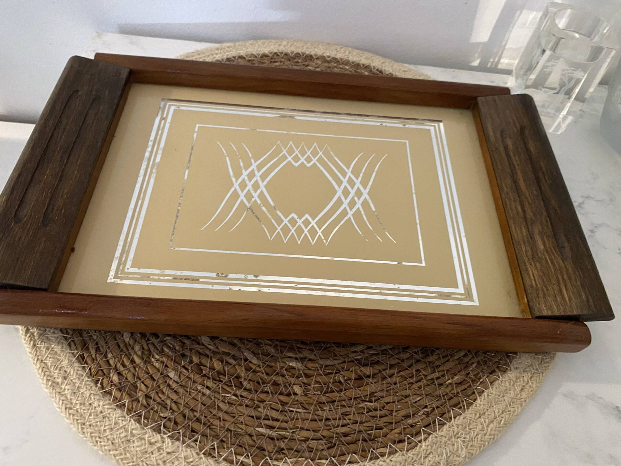 Vintage Art Deco service tray / 1970s – wood & mirrored base