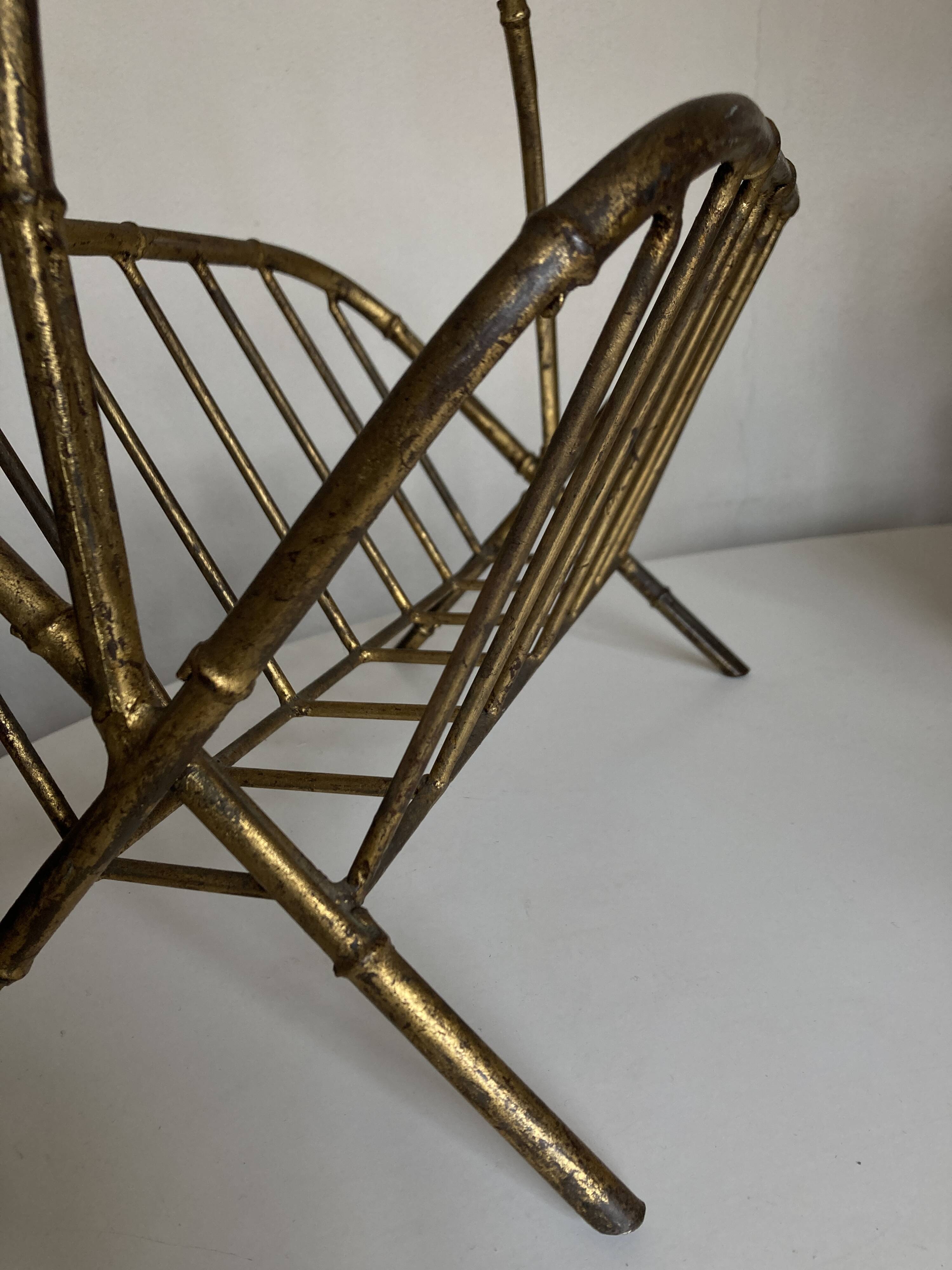 1960 magazine rack faux bamboo in beaten gold iron Italian craftsmanship