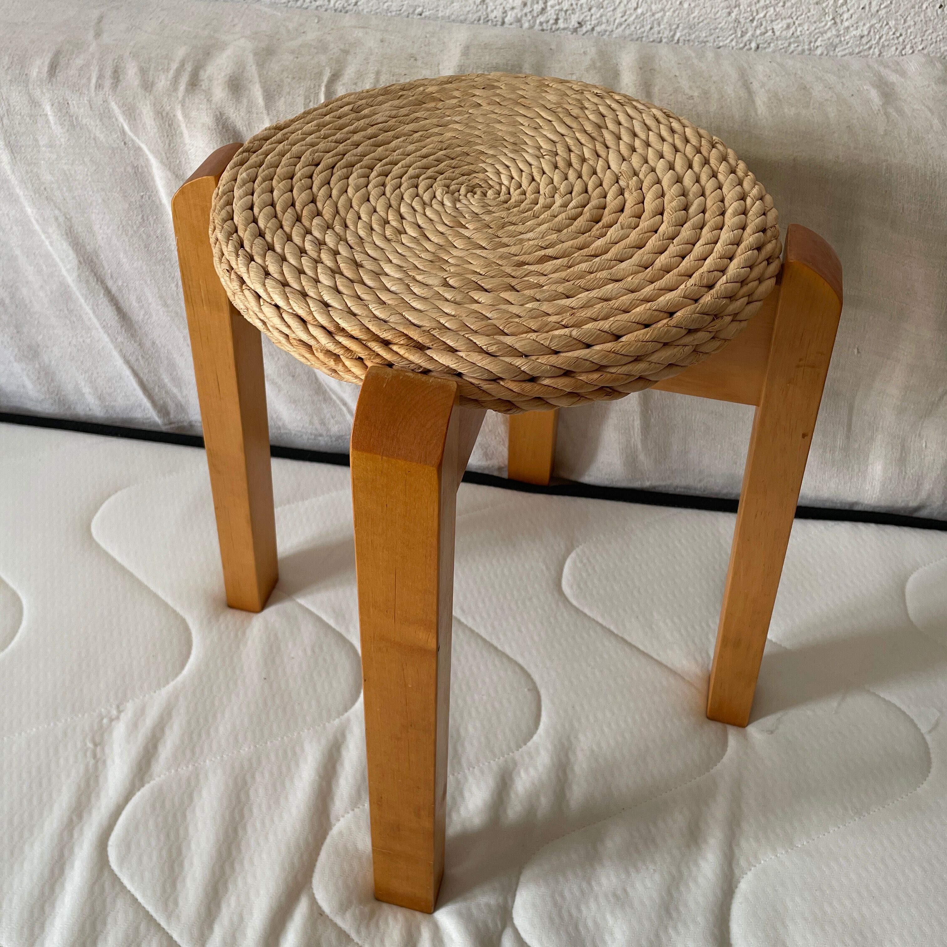 Tabouret design scandinave bois et corde 1970