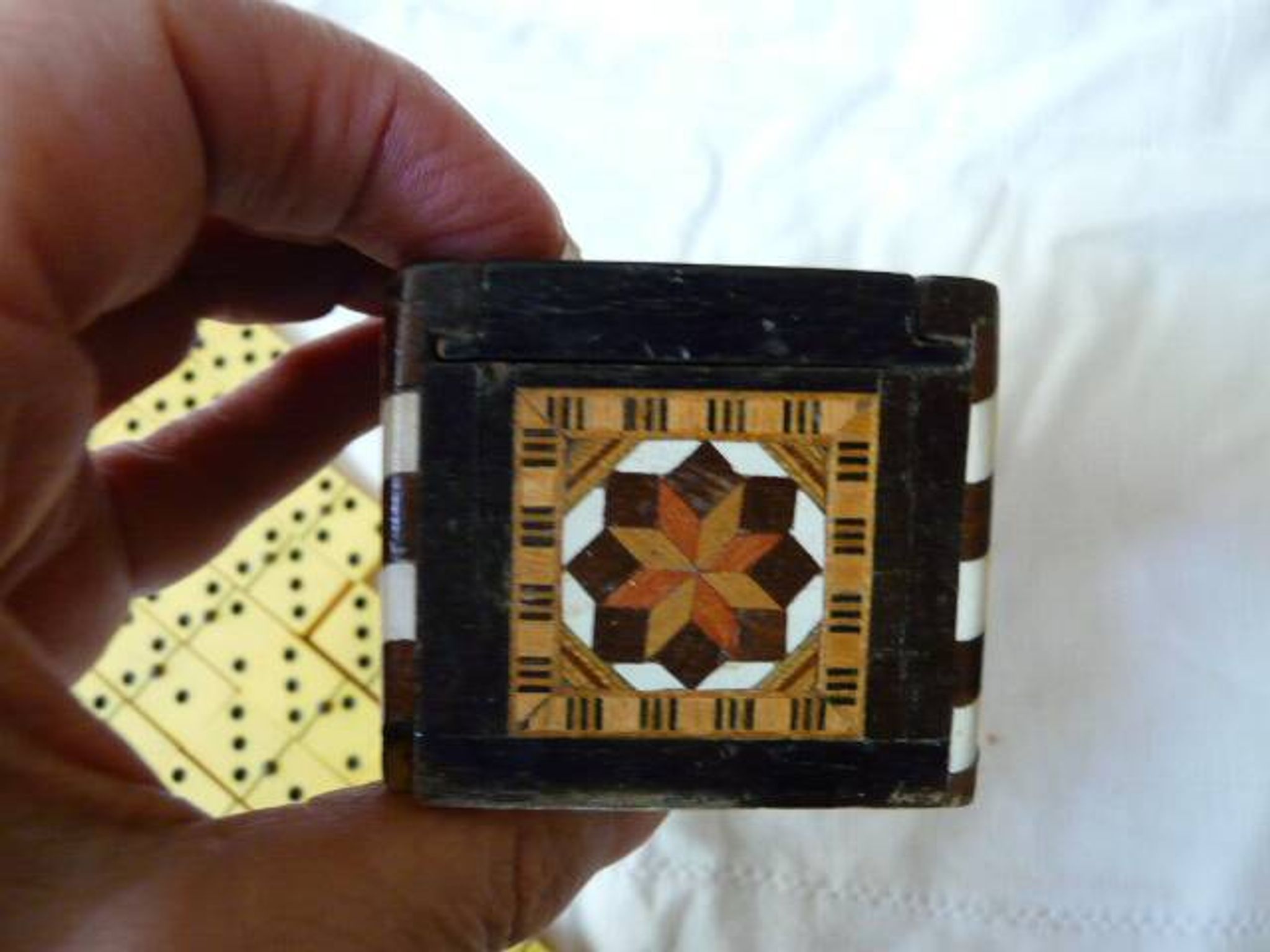 Antique Box of 28 Dominoes in Vintage Syrian Marquetry